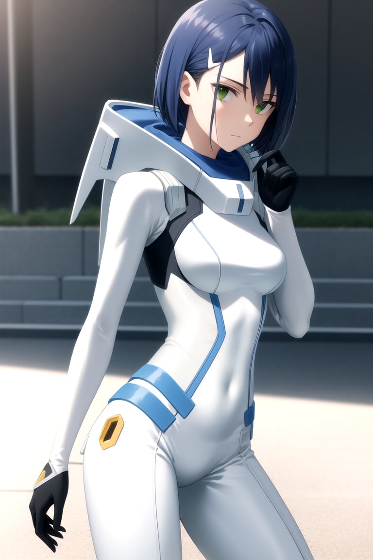 masterpiece, best quality, absurdres, <lora:Ichigo:0.7> Ichigo, green eyes, hairclip, <lora:age_slider_v2:0.4>, <lora:breastsizeslideroffset:-0.2>,, Ichigo-Plugsuit, ploit suit, white bodysuit, skin tight, nice hands, perfect hands, <lora:GoodHands-beta2:1>, beaufitul hand, beautiful finger, BREAK outdoors, sharp focus, (perfect anatomy), cowboy shot, [Cinematic lighting|Volumetric Lighting], looking at viewer