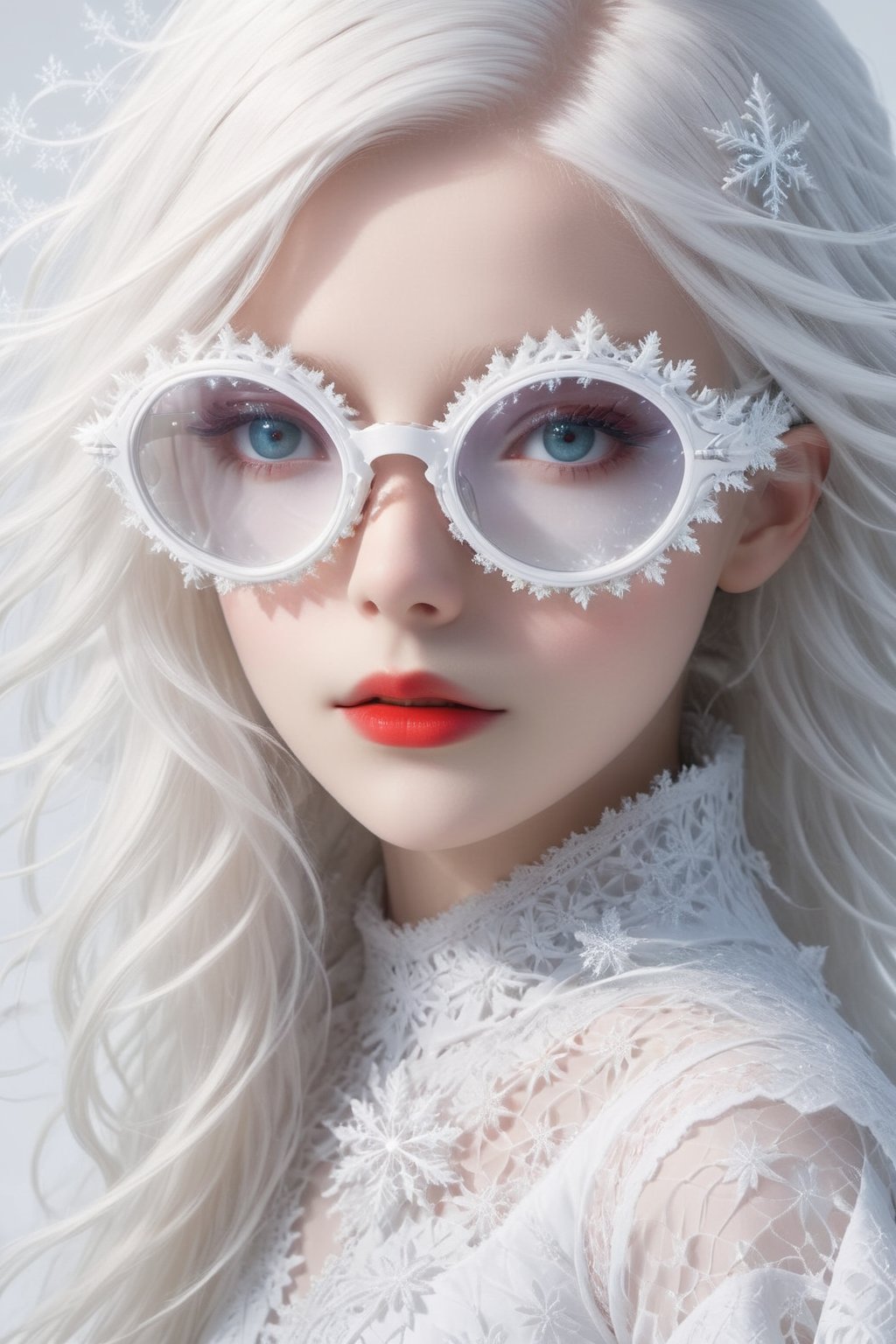 A girl with extremely fair complexion, almost appearing ghostly, possesses stunning flowing white hair that cascades down past her shoulders. Her eyes, an intense shade of red, glow eerily against her pale skin. wearing sfglasses,This mesmerizing image, resembling a high-resolution photograph, captures every intricate detail of the girl's ethereal beauty. From the flawless complexion to the intricately styled white hair and mesmerizing grey eyes, the picture showcases the subject in astounding clarity. The exceptional quality of the image transports viewers into a world where they can effortlessly admire the girl's otherworldly features,sfglasses