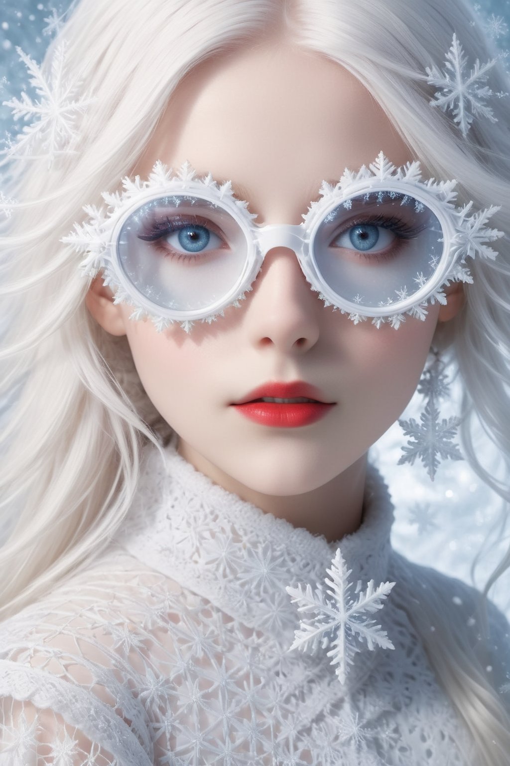 A girl with extremely fair complexion, almost appearing ghostly, possesses stunning flowing white hair that cascades down past her shoulders. Her eyes, an intense shade of red, glow eerily against her pale skin. wearing snowflake glasses,This mesmerizing image, resembling a high-resolution photograph, captures every intricate detail of the girl's ethereal beauty. From the flawless complexion to the intricately styled white hair and mesmerizing grey eyes, the picture showcases the subject in astounding clarity. The exceptional quality of the image transports viewers into a world where they can effortlessly admire the girl's otherworldly features,sfglasees,