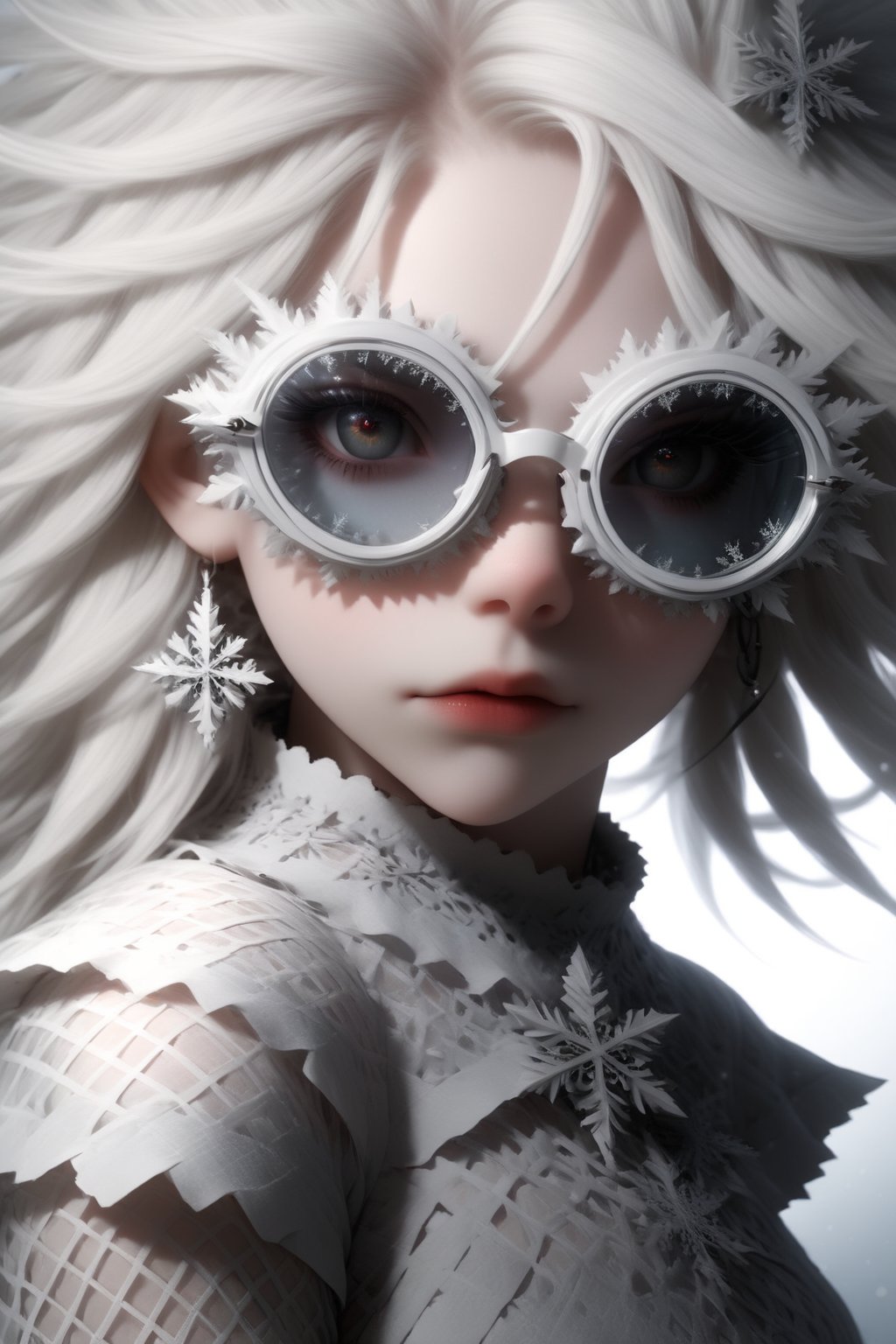 1 girl, (masterful), albino demon girl with lethargic sleepy smokey eyes,(white dreadlocks hair),((slit pupil eyes)),mesh fishnet blouse, () ,wearing snowflake glasses,
best quality, highest quality, extremely detailed CG unity 8k wallpaper, detailed and intricate, 
,,Glass Elements,sfglasees,