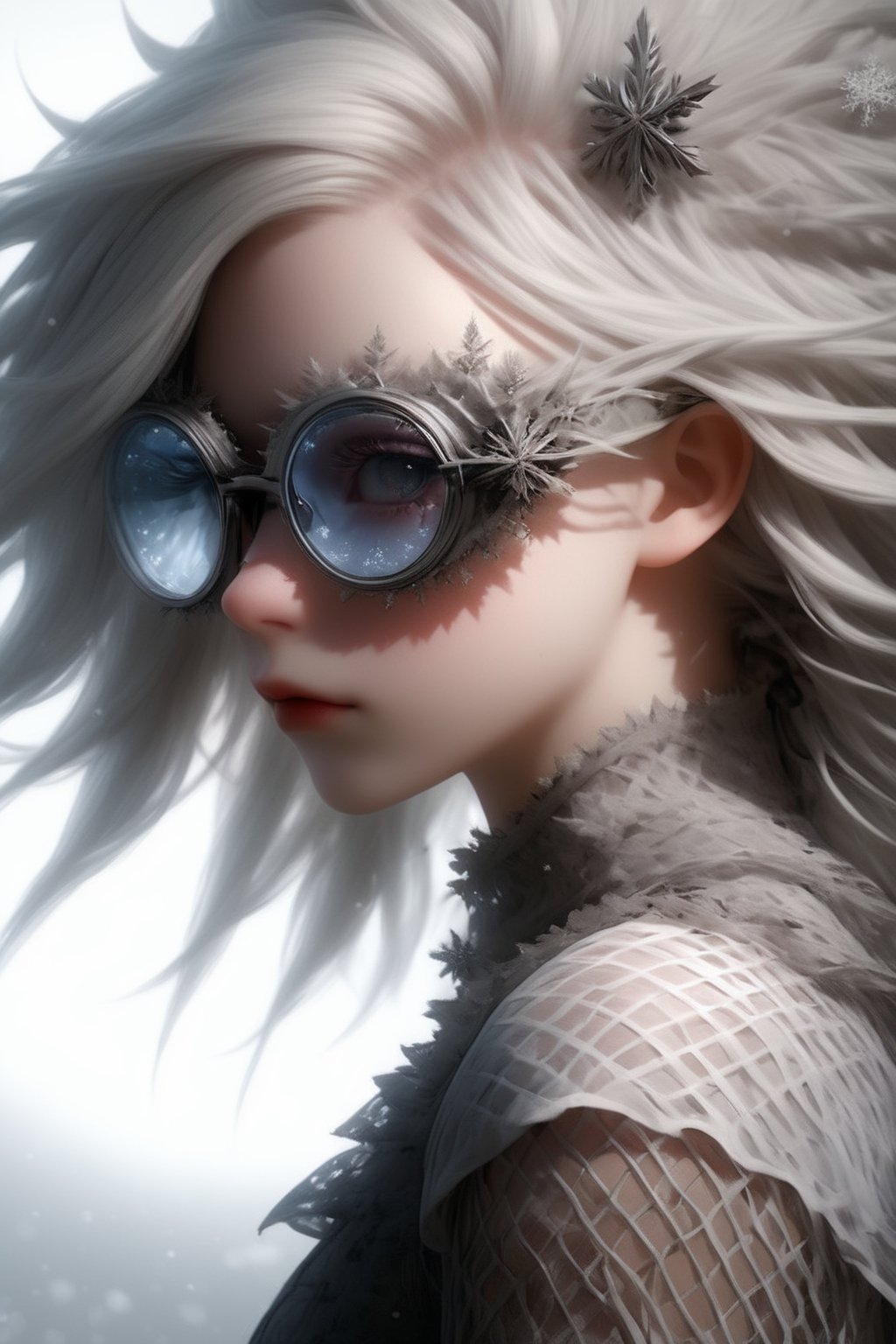 1 girl, (masterful), albino demon girl with lethargic sleepy smokey eyes,(white dreadlocks hair),((slit pupil eyes)),mesh fishnet blouse, (from side:1.5) ,wearing snowflake glasses,
best quality, highest quality, extremely detailed CG unity 8k wallpaper, detailed and intricate, 
,,Glass Elements,sfglasees,