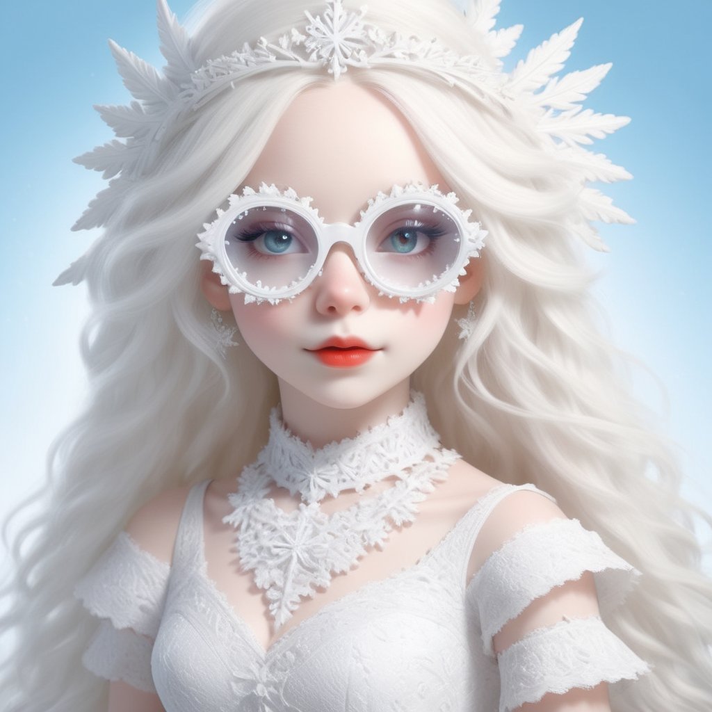 (Photorealistic Stick: 1.2), Sharp focus, (wearing sfglasses), Albino angel girl with seductively beautiful alabaster skin, , cute face, detailed and perfect face, cuteness loved by everyone ,
A bright smile full of compassion, beautiful red lips, big eyes, soft expression, light blue pupils, white eyelashes, white hair,
Her porcelain-white skin, reflecting an almost heavenly glow, (((Victorian wedding dress, expensive, intricately designed tiara)), with intricate lacework and intricate details of lace and embroidery. Pure white wedding dress, (dancing, random pose, changing pose, dynamic angle,), happy atmosphere,sfglasses