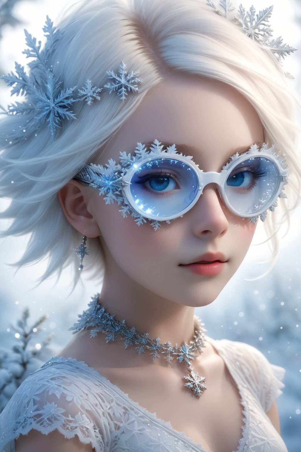 ((Bokeh:1.5)),((Soft focus:1.5)),(Fog),((blur)),(Lens Flare),
The Childlike Empress,stunning beautiful young albino girl,14 yers old,alabaster skin,very short brown  hair,wearing snowflake glasses,((Slicked back hair)),(head chain with jewelry stone),((viewed from side:1.5)),
girl has Beautiful blue eyes, soft expression, Depth and Dimension in the Pupils, She wears white delicate fractal pattern lace dress, , creating a sense of movement and depth.
p3rfect boobs,3d toon style,sfglasses,