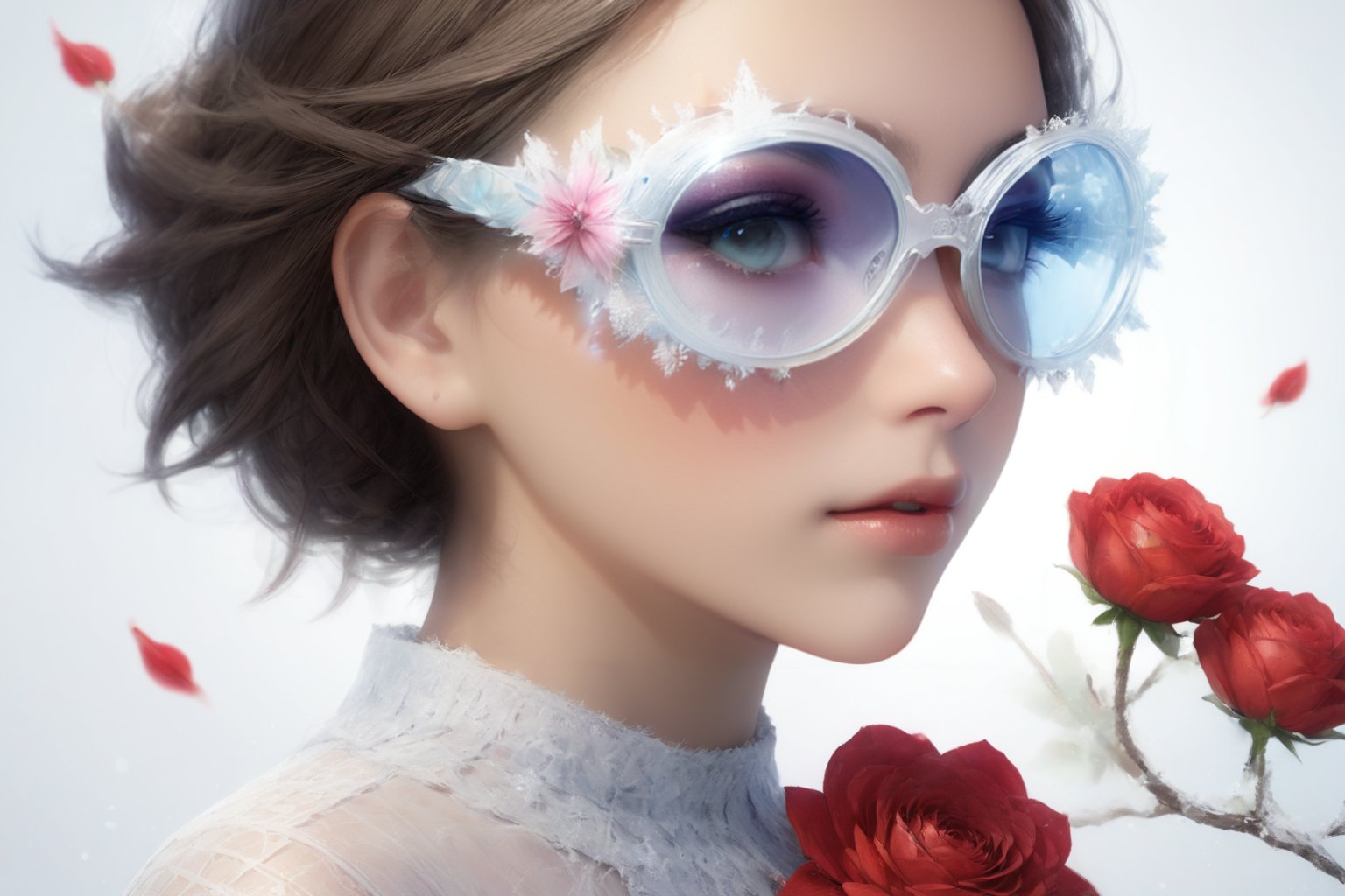 Create a modern-styled portrait of a gentle lady inspired by roses and love, wearing snowflake glasses,utilizing the vibrant color palettes and sleek lines reminiscent of the works by Chinese contemporary artist Zhang Xiaogang.,Enhance,Daughter of Dragon God,Young beauty spirit ,Perfect skin,sfglasees,