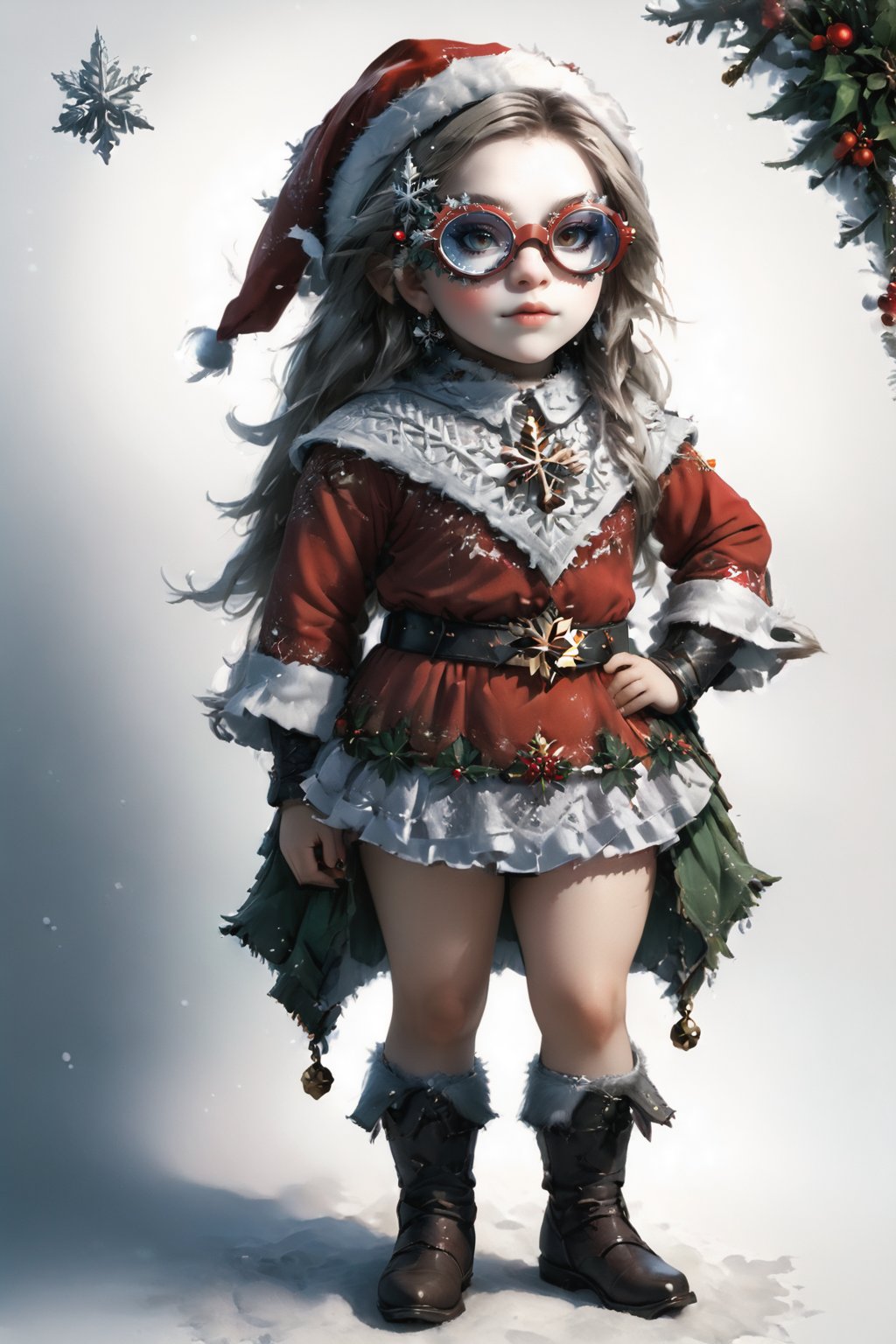 portrait of dwarf teen girl with christmas red dwarf clothes, full shot (FS), ((full body with legs)), standing, looking straight,wearing sfglasses, | (white background:1.2), simple background |, medieval, muted colors, digital art, 8K resolution, ultra quality, Watercolor, trending on artstation, intricate details, highly detailed, greg rutkowski,sfglasees,