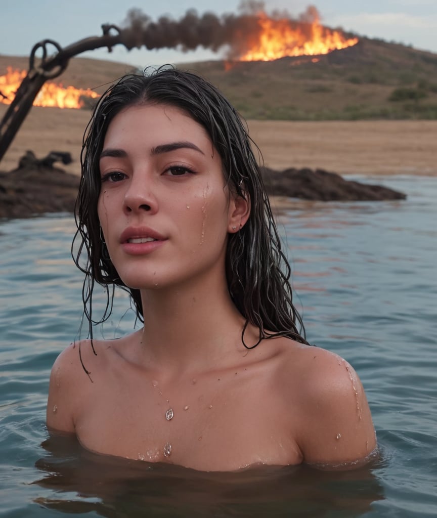 (very detailed), (realistic), (photography), a dirty wet woman with messy hair, camera up, dramatic scene, a woman in a burning field with a fire at the bottom of the water, skin and hair, high skin detail, 4k, film, cinematic, ((MagicPerez))