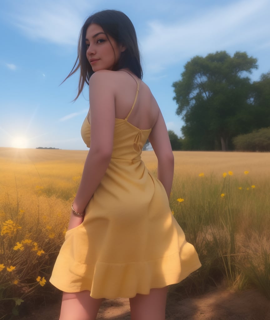 (highly detailed), (realistic), (photography), masterpiece, best quality, 1girl, solo, breasts, (yellow sundress:1.2), from behind, looking back, flower, field, depth of field, lens flare, shadow , sunlight,((MagicPerez))