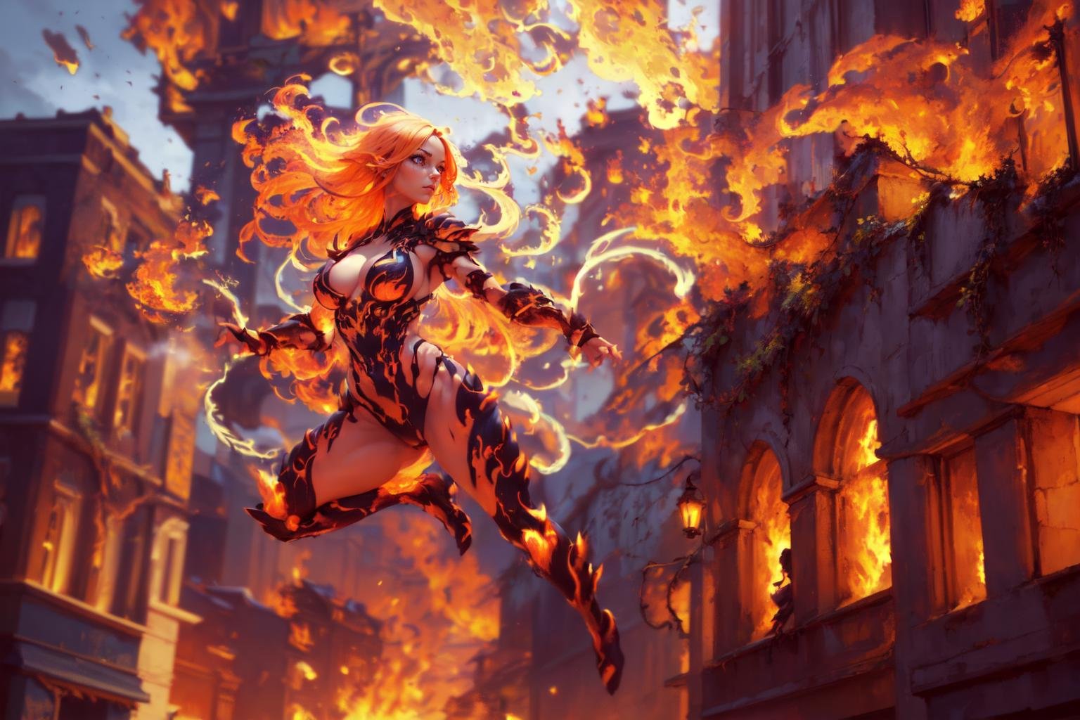 ((a woman jumping from a building, floating, casting huge fire magic)), beautiful eyes, beautiful girl, high detail skin, high detail eyes, high detail hair, highres, ultra detailed, sharpen picture, Highly detailed, masterpiece, best quality, photorealistic,  <lora:WildfirezyraLoRA:1> (1girl, long hair, fire, fiery hair, glowing, vines around arms, spikes, armor)  <lora:better perfect hands:0.5> Perfect Hands  <lora:more_details:0.5>  <lora:better output-v1.0a:0.5>