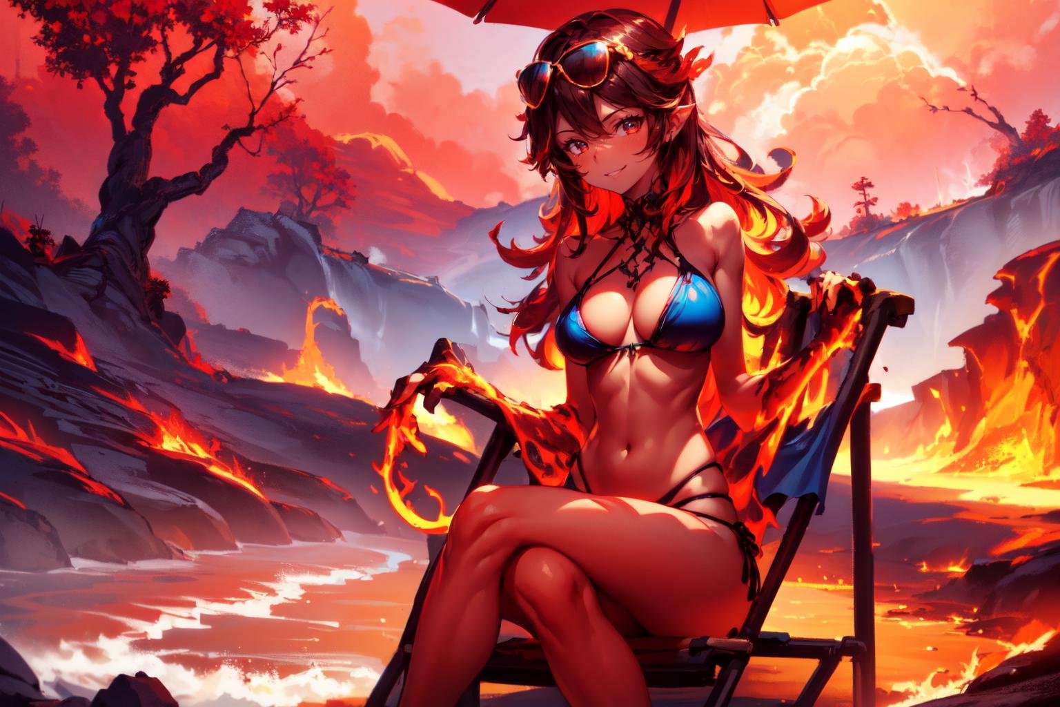 (((a woman sitting in a beachchair besides a river of lava in hell, cute smile, red sky, beachumbrella, black aviator sunglasses))), beautiful eyes, beautiful girl, high detail skin, high detail eyes, high detail hair, highres, ultra detailed, sharpen picture, Highly detailed, masterpiece, best quality, photorealistic,<lora:WildfirezyraLoRA:0.9> (1girl, long hair, fire, glowing, vines around arms, spikes, blue bikini)  <lora:better perfect hands:0.5> Perfect Hands  <lora:more_details:0.5>  <lora:better output-v1.0a:0.5>