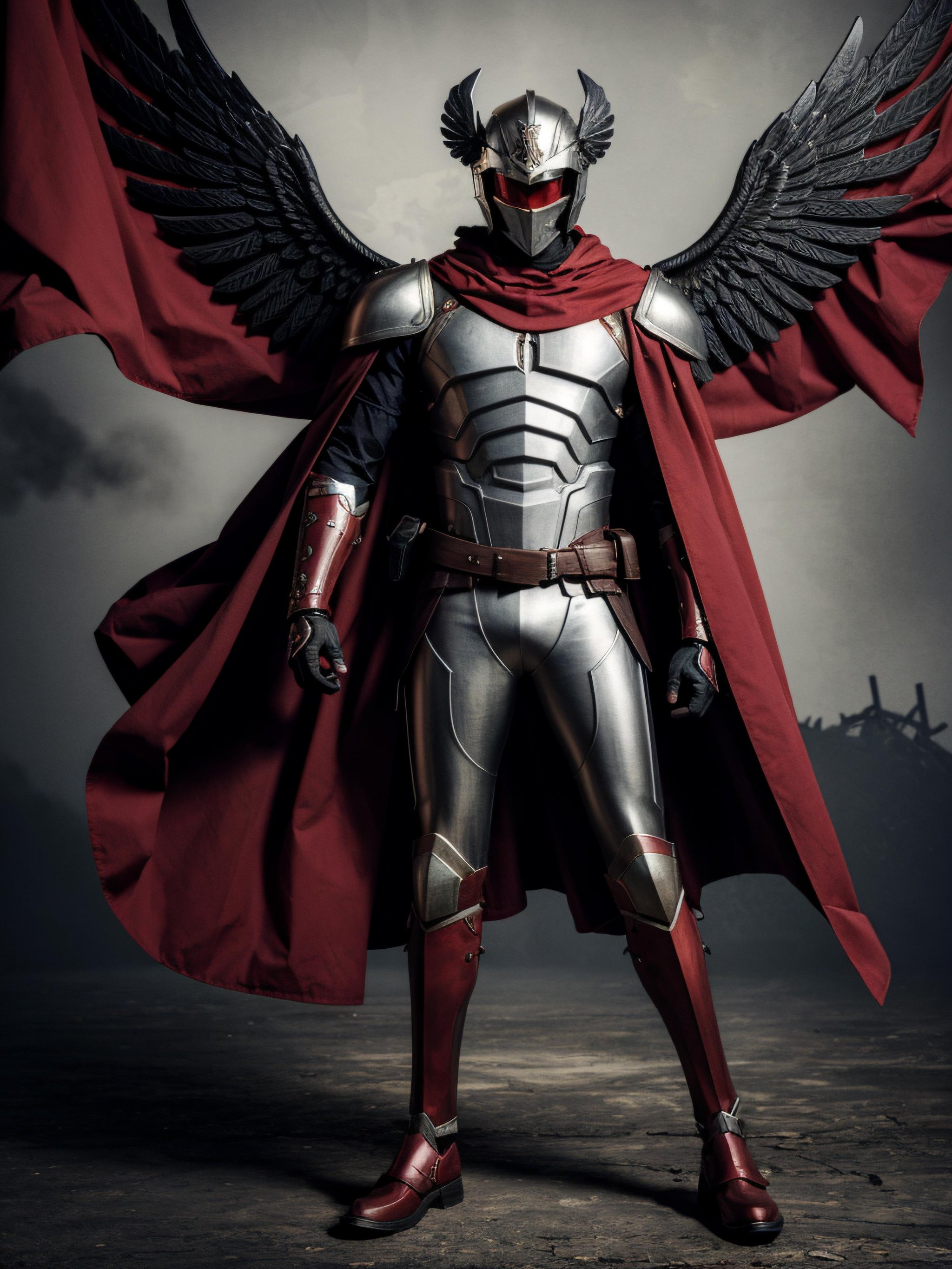 Highly detailed, High Quality, Masterpiece, beautiful, 1male, solo, KatanaOneHand, malenia_blade, cursed_left_arm, winged helmet, red cape, covered eyes, full body,