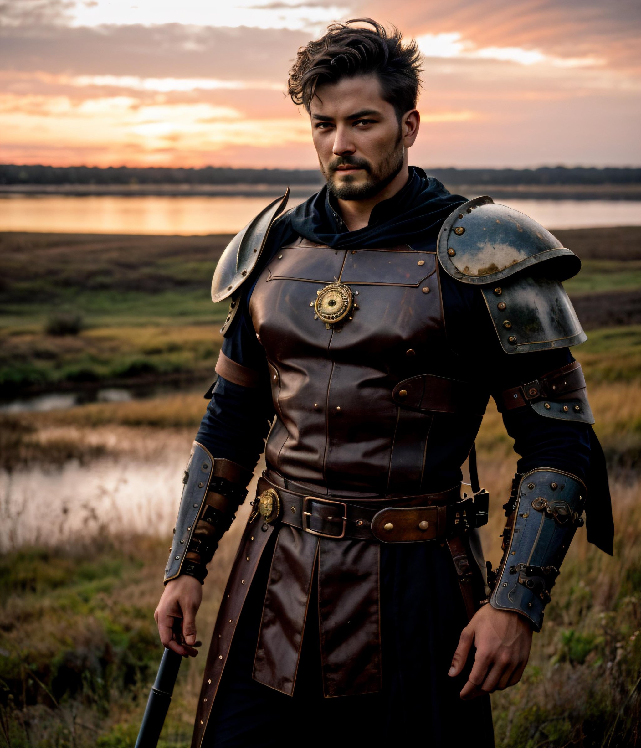 steampunk warrior man, best quality, HDR, raw photo, film grain, cinestill 50d, intricate, elegant, highly detailed, hdr, cinematic lighting, sunset