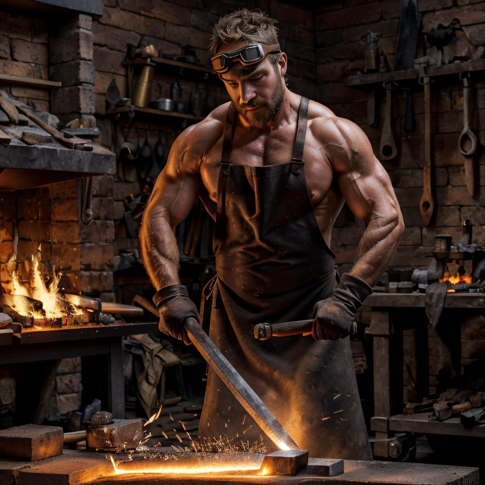 sexyblacksmith, gloves, naked apron, goggles, holding hammer, fire, anvil, spark, photo of a man forging a sword, realistic, masterpiece, intricate details, detailed background, depth of field,  <lora:Clothing - Sexy Blacksmith:0.7>