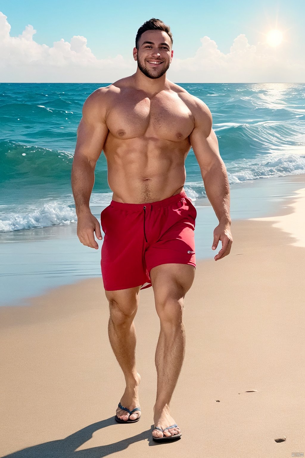  realistic,masterpiece, best quality, highres, ultra-detailed, 8k uhd, RAW, realistic,realism photo, Realistic skin, skin texture, 
1man, manliness, manly, muscular, full body, Grin, Facial hair, body hair, Hairy pec, topless, red shorts, walking, standing, feet, toes, flip-flops feet, red flip-flops, 
billow, stormy waves, Heavy seas, seawater, ocean, sun, sunlight, Bright Sunshine, clouds, solo, looking at viewer, realistic,