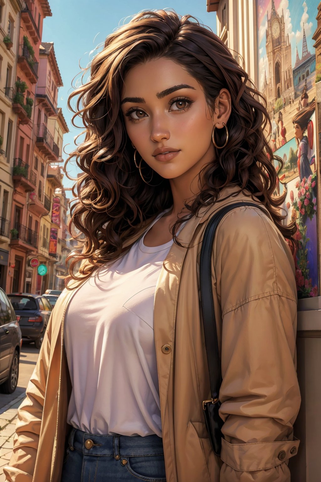 1 girl, alone, a beautiful woman 35 years old, looking at viewer, dark skin, long dark brown hair, brown eyes, milf, bbw, muscular. she wears a lavender shirt and a beige jacket, urban psychedelic outfit, psychedelic background, masterpiece, oil painting, impasto, soft shading, sciamano240, 1girl, Camila Noceda