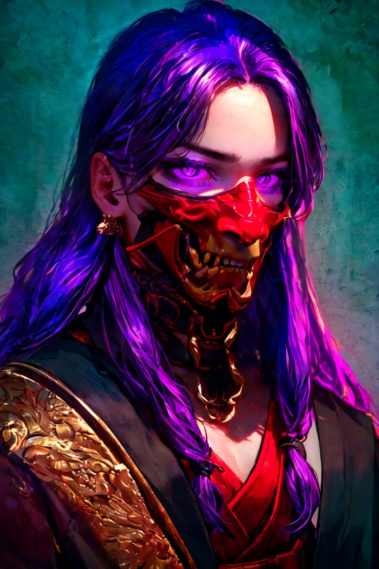 master piece, HD, ultra detailled, high definition, high_res, high_resolution, portrait, samurai boy, long_hair, purple hair, samurai_outfit, looking_at_viewer, purple eyes, oni mask,  fantasy00d,midjourney,oni face shield