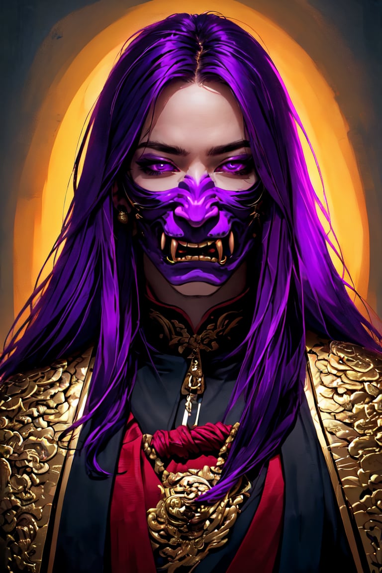 master piece, HD, ultra detailled, high definition, high_res, high_resolution, portrait, samurai boy, long_hair, purple hair, samurai_outfit, looking_at_viewer, purple eyes, oni mask,  fantasy00d,midjourney,oni face shield