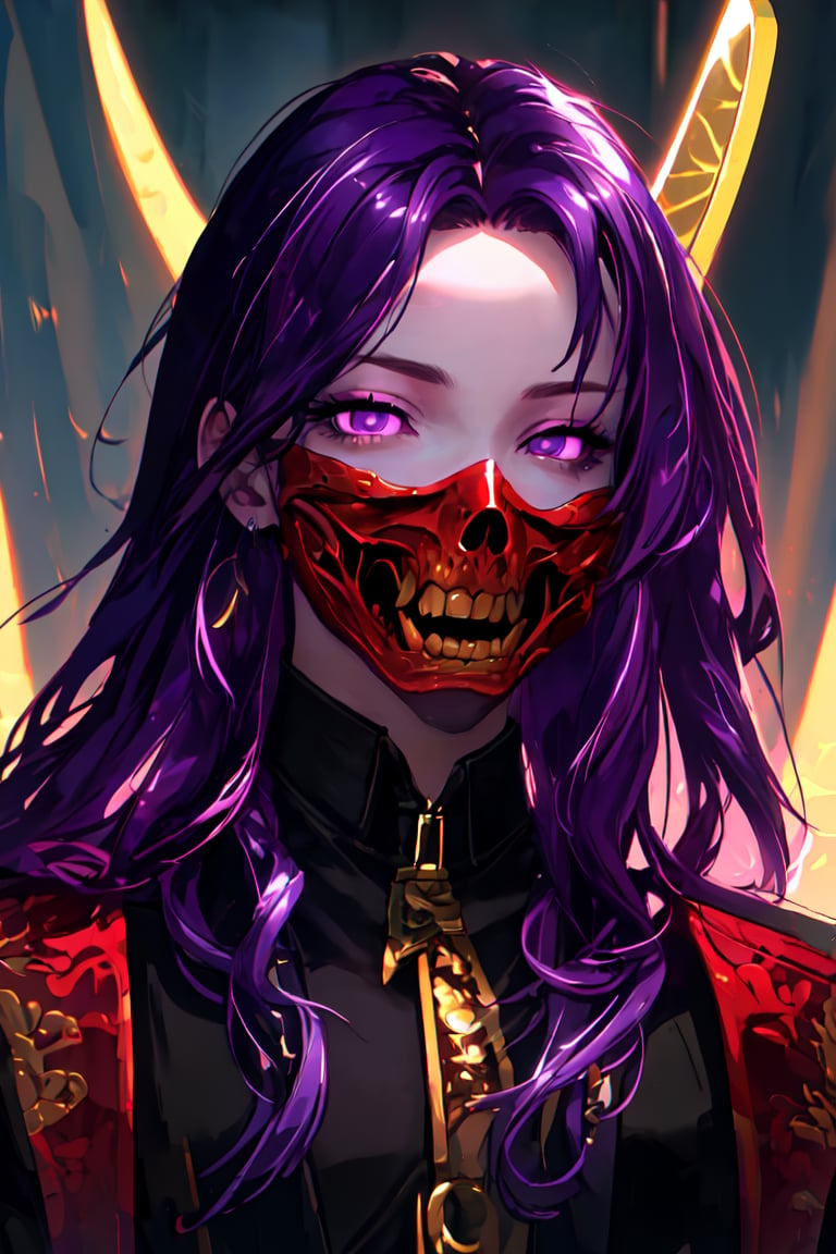 master piece, HD, ultra detailled, high definition, high_res, high_resolution, portrait, samurai boy, long_hair, purple hair, samurai_outfit, looking_at_viewer, purple eyes, oni mask,  fantasy00d,midjourney,oni face shield