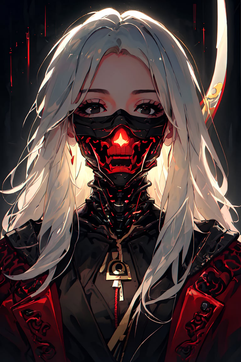 master piece, HD, ultra detailled, high definition, high_res, high_resolution, portrait, samurai girl, cybernetic, long_hair, white hair, samurai_outfit, looking_at_viewer, black eyes, masked, oni mask,  fantasy00d,midjourney,oni face shield,fantasy00d