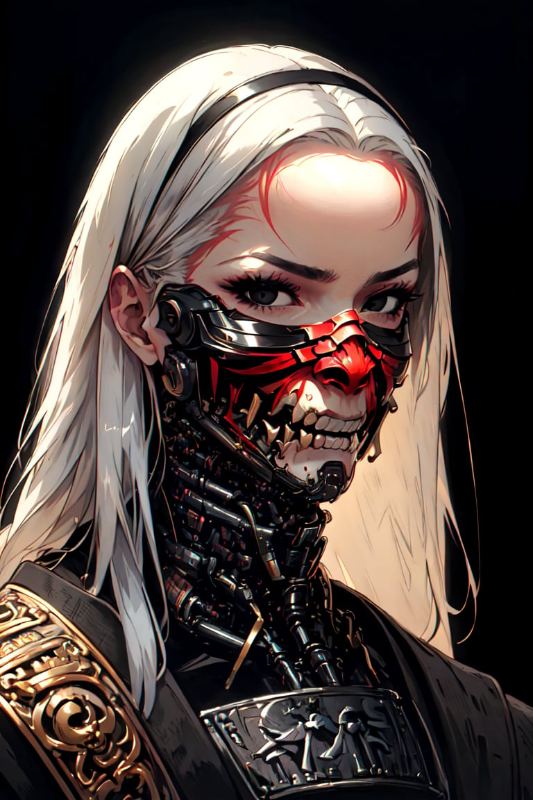 master piece, HD, ultra detailled, high definition, high_res, high_resolution, portrait, samurai girl, cybernetic, long_hair, white hair, samurai_outfit, looking_at_viewer, black eyes, masked, oni mask,  fantasy00d,midjourney,oni face shield,fantasy00d