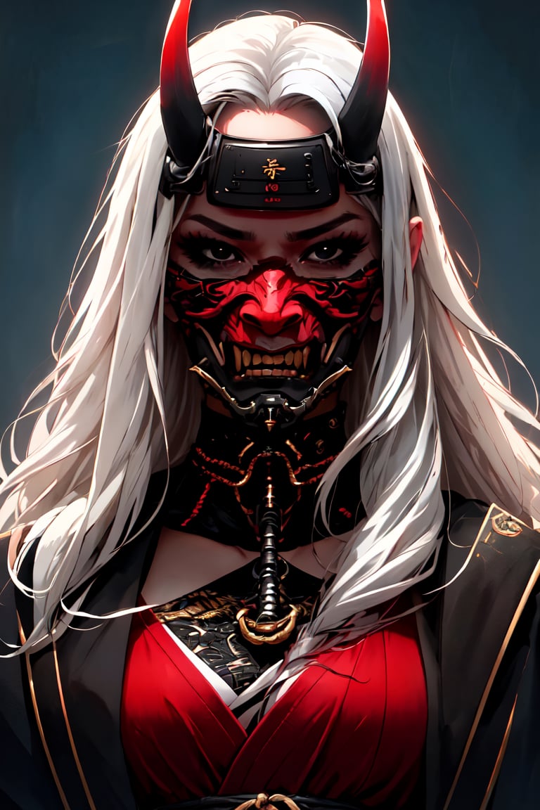 master piece, HD, ultra detailled, high definition, high_res, high_resolution, portrait, samurai girl, cybernetic, long_hair, white hair, samurai_outfit, looking_at_viewer, black eyes, oni mask,  fantasy00d,midjourney,oni face shield,fantasy00d