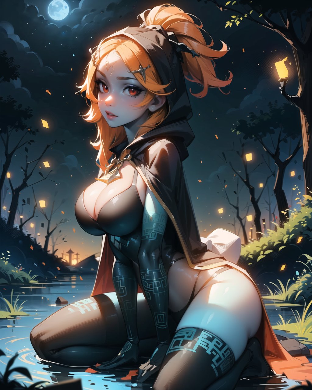 1girl, detailed, masterpiece,HDR, detailed sharp, best quality, solo, comic style, lineart, looking at viewer, Midna_Dg, red eyes, colored sclera, yellow sclera, makeup, blue skin,colored skin, orange hair,front ponytail,  hair ornament, hood, cloak, cape, forehead jewel, black bikini, bridal gauntlets, toeless legwear, nature, night, fireflies, barefoot,large breasts, <lora:Midna_DG-v01-000003:0.80>