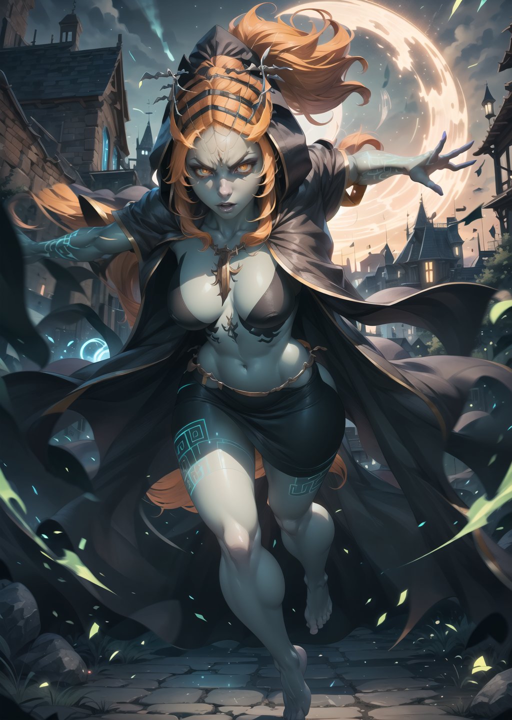 1girl, detailed, masterpiece,HDR, detailed sharp, best quality, solo, comic style, lineart, looking at viewer, dynamic pose, magic,  night,  castle,large breasts,Midna_Dg, red eyes, colored sclera, yellow sclera, makeup, blue skin,colored skin, orange hair,front ponytail,  hair ornament, hood, cloak,  barefoot, full body, <lora:Midna_DG_v01-000003:0.80>