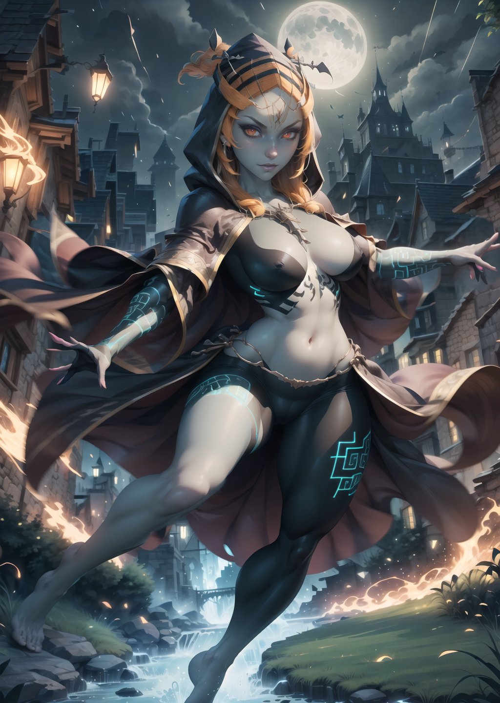 1girl, detailed, masterpiece,HDR, detailed sharp, best quality, solo, comic style, lineart, looking at viewer, dynamic pose, magic,  night,  castle,large breasts,Midna_Dg, red eyes, colored sclera, yellow sclera, makeup, blue skin,colored skin, orange hair,front ponytail,  midair,hair ornament, hood, cloak, single leg pantyhose, barefoot,full body, <lora:Midna_DG_v01-000003:0.70>