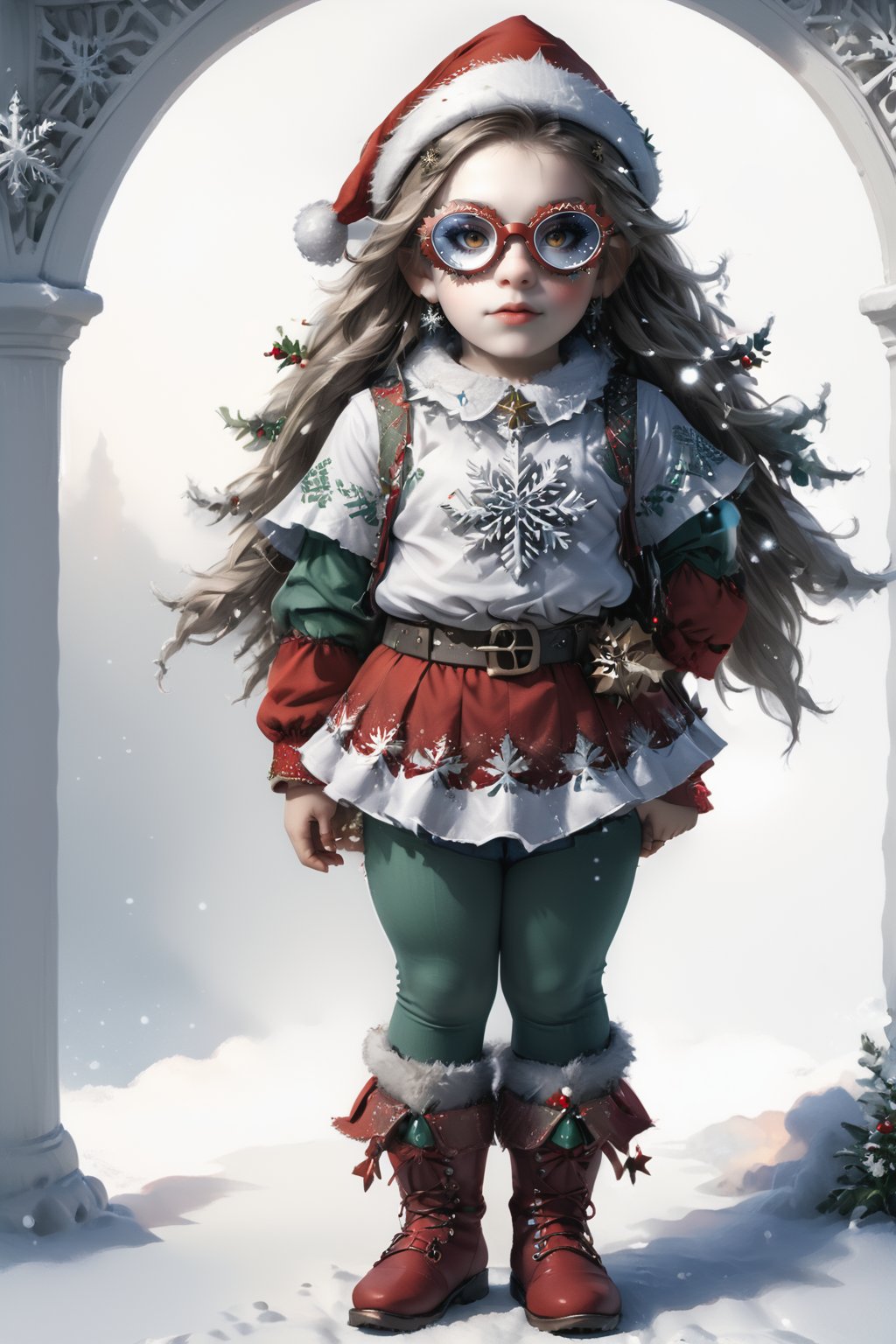 portrait of dwarf teen girl with christmas red dwarf clothes, full shot (FS), ((full body with legs)), standing, looking straight,wearing sfglasses, | (white background:1.2), simple background |, medieval, muted colors, digital art, 8K resolution, ultra quality, Watercolor, trending on artstation, intricate details, highly detailed, greg rutkowski,sfglasees,