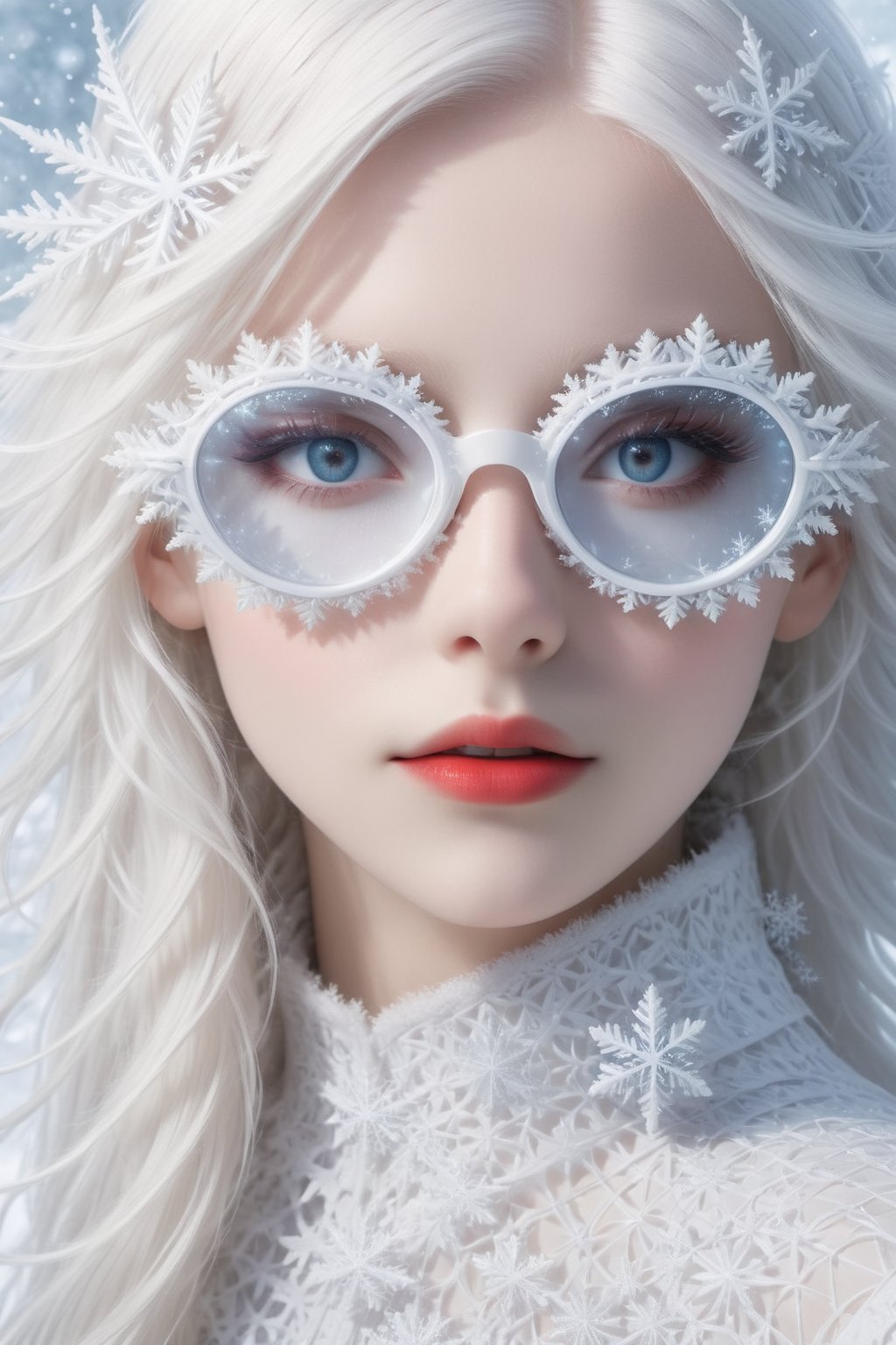 A girl with extremely fair complexion, almost appearing ghostly, possesses stunning flowing white hair that cascades down past her shoulders. Her eyes, an intense shade of red, glow eerily against her pale skin. wearing snowflake glasses,This mesmerizing image, (viewed from side:2.0),resembling a high-resolution photograph, captures every intricate detail of the girl's ethereal beauty. From the flawless complexion to the intricately styled white hair and mesmerizing grey eyes, the picture showcases the subject in astounding clarity. The exceptional quality of the image transports viewers into a world where they can effortlessly admire the girl's otherworldly features,sfglasees,