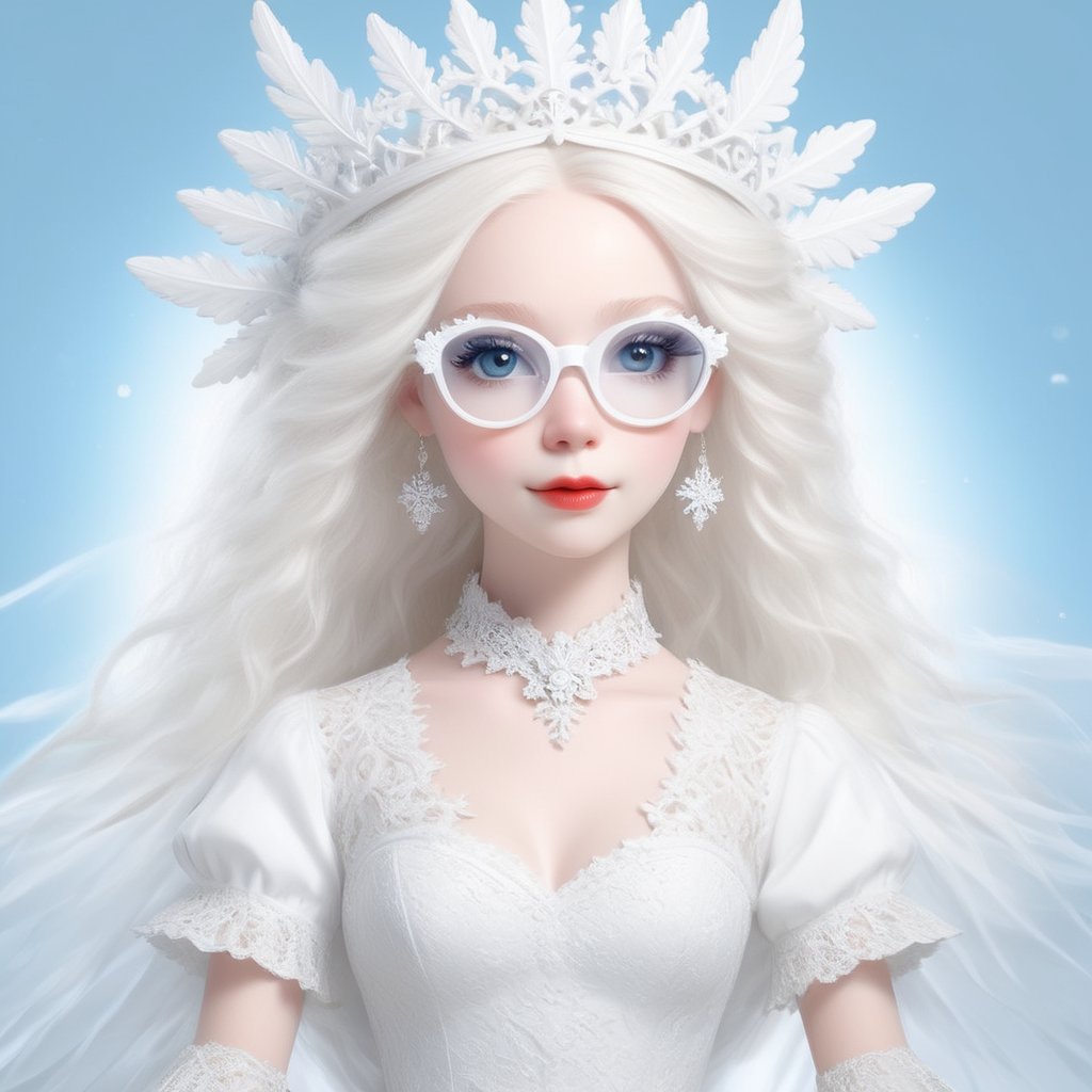 (Photorealistic Stick: 1.2), Sharp focus, (wearing sfglasses), Albino angel girl with seductively beautiful alabaster skin, , cute face, detailed and perfect face, cuteness loved by everyone ,
A bright smile full of compassion, beautiful red lips, big eyes, soft expression, light blue pupils, white eyelashes, white hair,
Her porcelain-white skin, reflecting an almost heavenly glow, (((Victorian wedding dress, expensive, intricately designed tiara)), with intricate lacework and intricate details of lace and embroidery. Pure white wedding dress, (dancing, random pose, changing pose, dynamic angle,), happy atmosphere,sfglasses