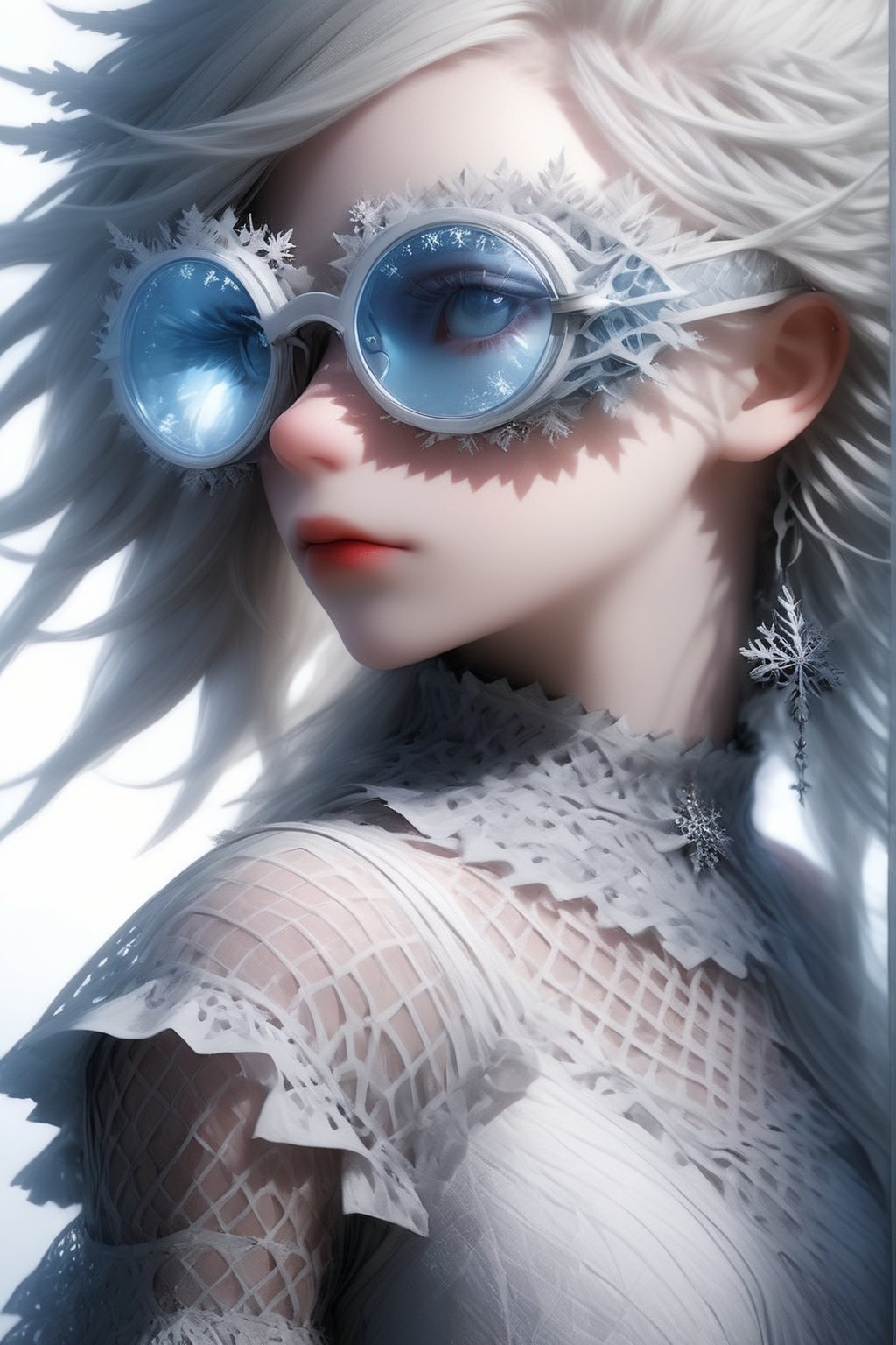 1 girl, (masterful), albino demon girl with lethargic sleepy smokey eyes,(white dreadlocks hair),((slit pupil eyes)),mesh fishnet blouse, (from side:1.5) ,wearing snowflake glasses,
best quality, highest quality, extremely detailed CG unity 8k wallpaper, detailed and intricate, 
,,Glass Elements,sfglasees,