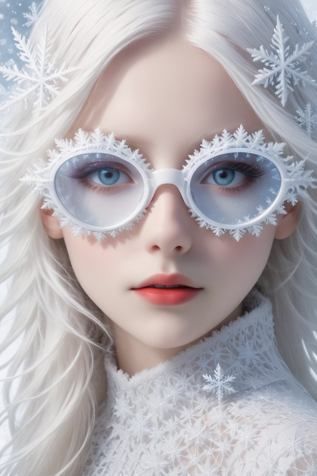 A girl with extremely fair complexion, almost appearing ghostly, possesses stunning flowing white hair that cascades down past her shoulders. Her eyes, an intense shade of red, glow eerily against her pale skin. wearing snowflake glasses,This mesmerizing image, (viewed from side:2.0),resembling a high-resolution photograph, captures every intricate detail of the girl's ethereal beauty. From the flawless complexion to the intricately styled white hair and mesmerizing grey eyes, the picture showcases the subject in astounding clarity. The exceptional quality of the image transports viewers into a world where they can effortlessly admire the girl's otherworldly features,sfglasees,