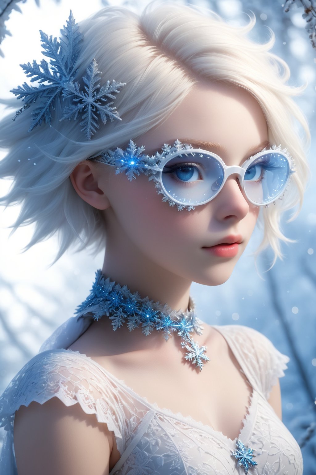 ((Bokeh:1.5)),((Soft focus:1.5)),(Fog),((blur)),(Lens Flare),
The Childlike Empress,stunning beautiful young albino girl,14 yers old,alabaster skin,very short brown  hair,wearing snowflake glasses,((Slicked back hair)),(head chain with jewelry stone),((viewed from side:1.5)),
girl has Beautiful blue eyes, soft expression, Depth and Dimension in the Pupils, She wears white delicate fractal pattern lace dress, , creating a sense of movement and depth.
p3rfect boobs,3d toon style,sfglasses,