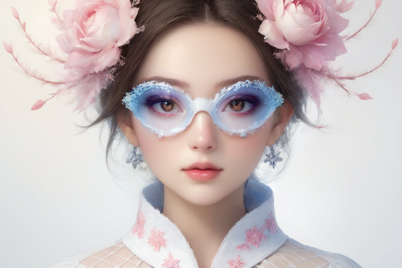 Create a modern-styled portrait of a gentle lady inspired by roses and love, wearing snowflake glasses,utilizing the vibrant color palettes and sleek lines reminiscent of the works by Chinese contemporary artist Zhang Xiaogang.,Enhance,Daughter of Dragon God,Young beauty spirit ,Perfect skin,sfglasees,