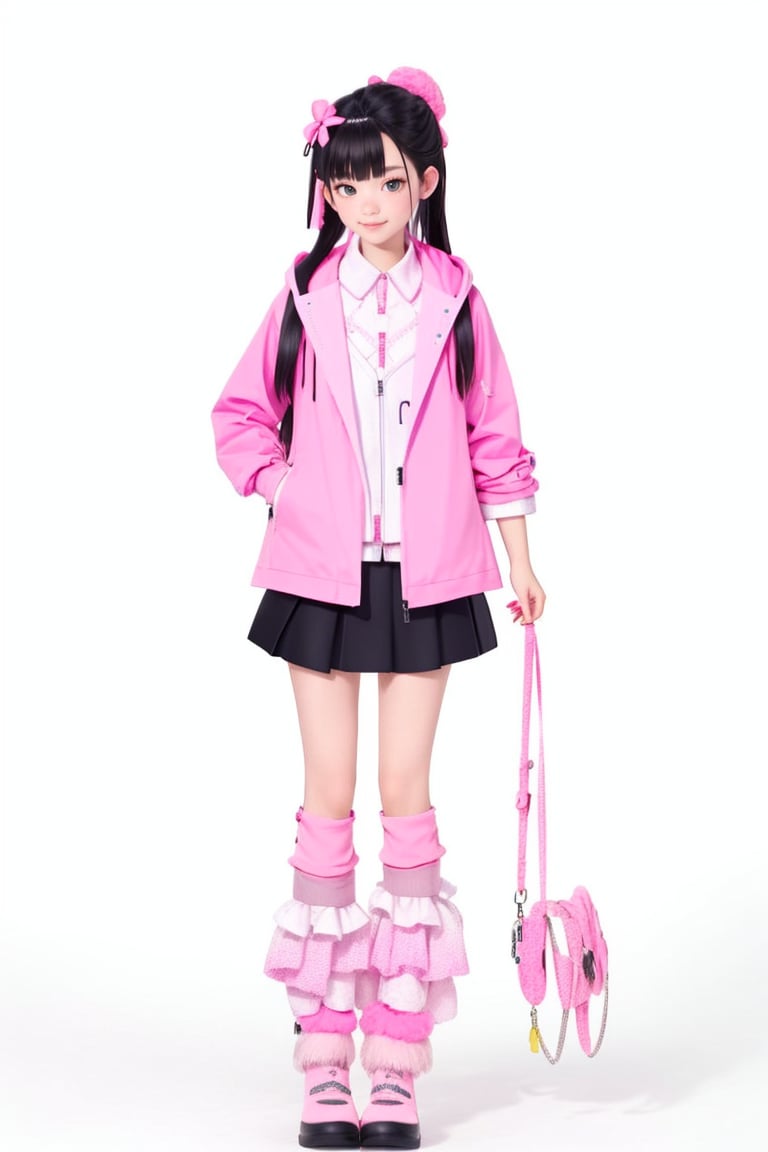 1girl, solo, long hair, skirt, black hair, white background, jacket, full body, black skirt, pink jacket, leg warmers