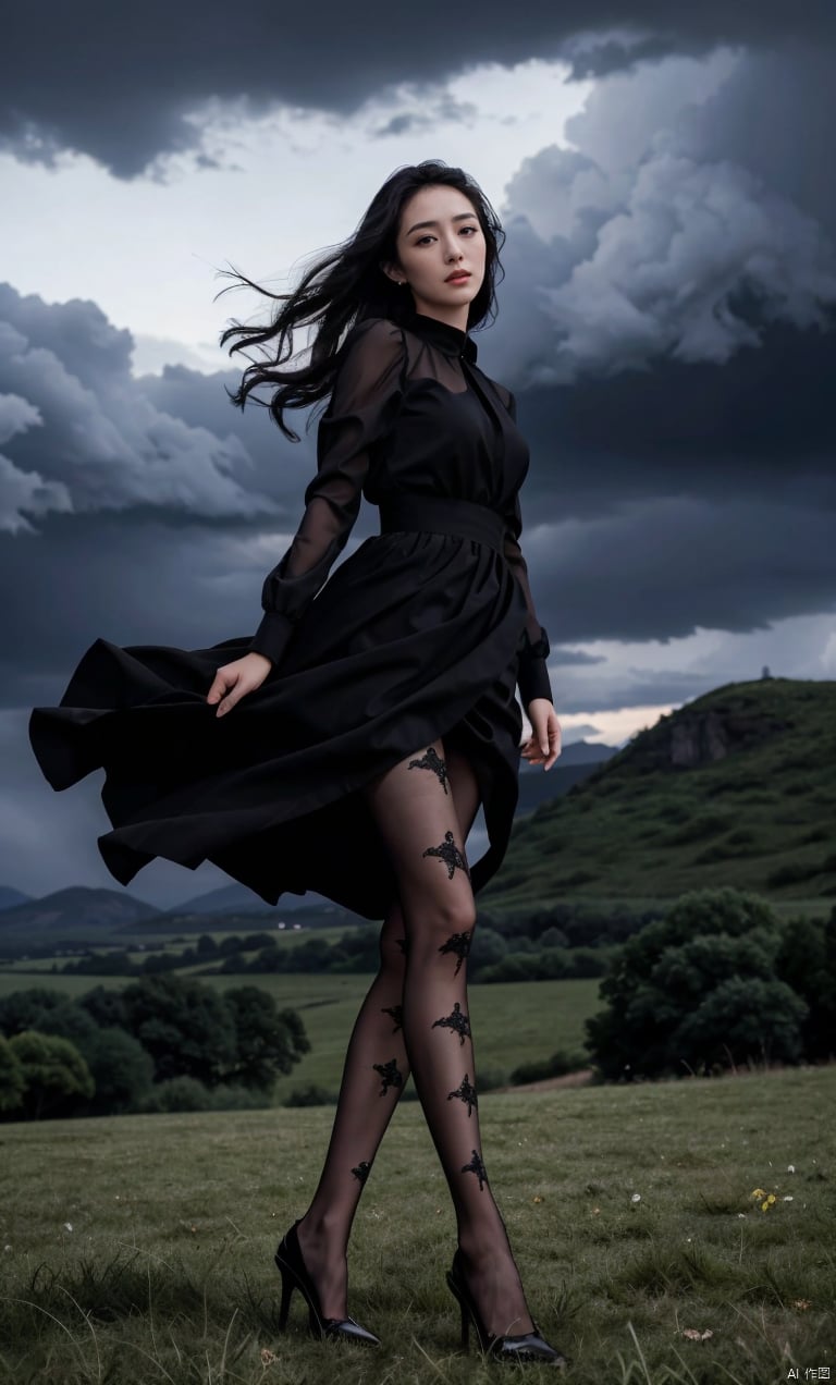  elegant asian woman in a black evening_gown,standing in a field,dynamic pose,(the skirt sways with the wind:1.2),(skirt_hold:1.2),(black pantyhose),high heels,Charming eyes,sideways_glance,exquisite facial features,slim legs,on the eve of the storm,dark clouds,cumulonimbus,solitary and mysterious atmosphere,graceful yet melancholic posture,full shot,dutch angle,from_side,medium_shot,soft lighting,outdoor,natural landscape,dramatic,perfect lighting,(masterpiece, realistic, best quality, highly detailed, Ultra High Resolution, Photo Art, profession,cinematic_angle),plns,sw,1girl, blackpantyhose,print legwear