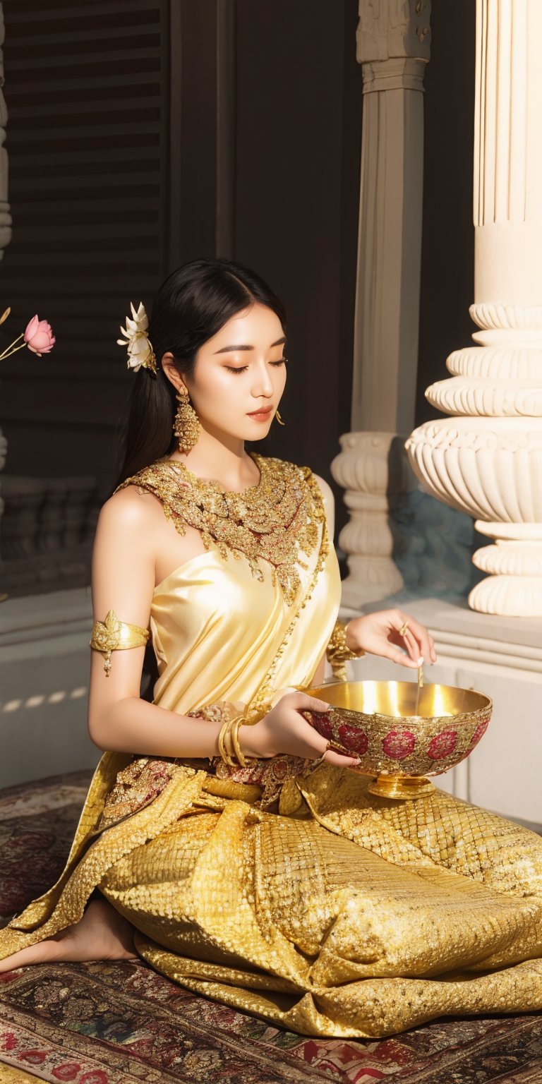 A young woman in a golden-hued silk apsara costume, adorned with lotus flower embroidery. She kneels gracefully, offering a bowl of fragrant flowers and incense at a sacred shrine, sunlight illuminating the scene with a warm glow. (Style: Devotional, Peaceful, Detailed)
,Masterpiece,photorealistic,apsara