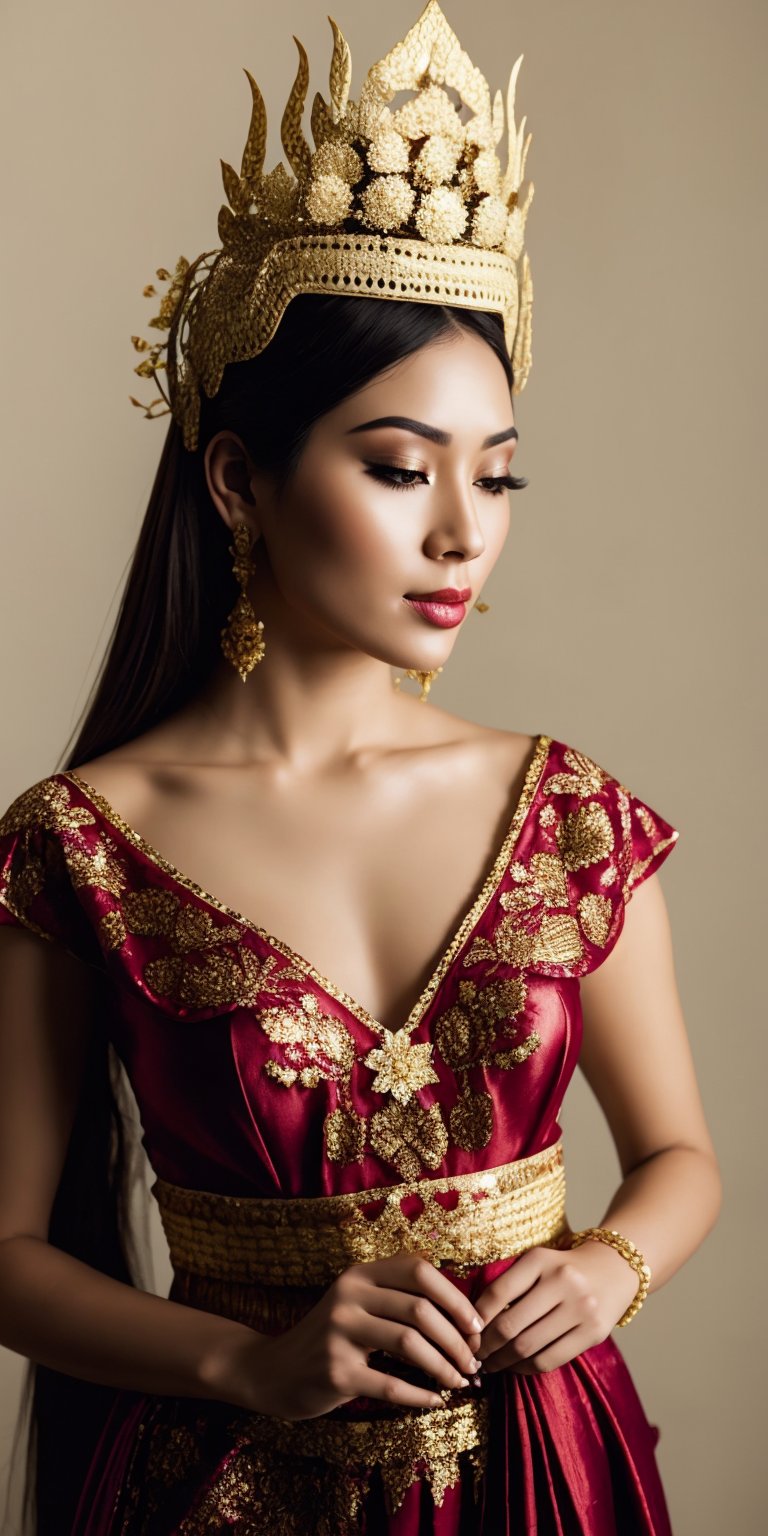 A young woman in a crimson silk salmpa, decorated with delicate floral patterns and shimmering sequins. She gracefully poses on a pedestal, reminiscent of the Trà Kiệu style, with a serene expression and a single lotus flower in her hand. (Style: Historical, Serene, Detailed)
,Masterpiece,photorealistic,apsara