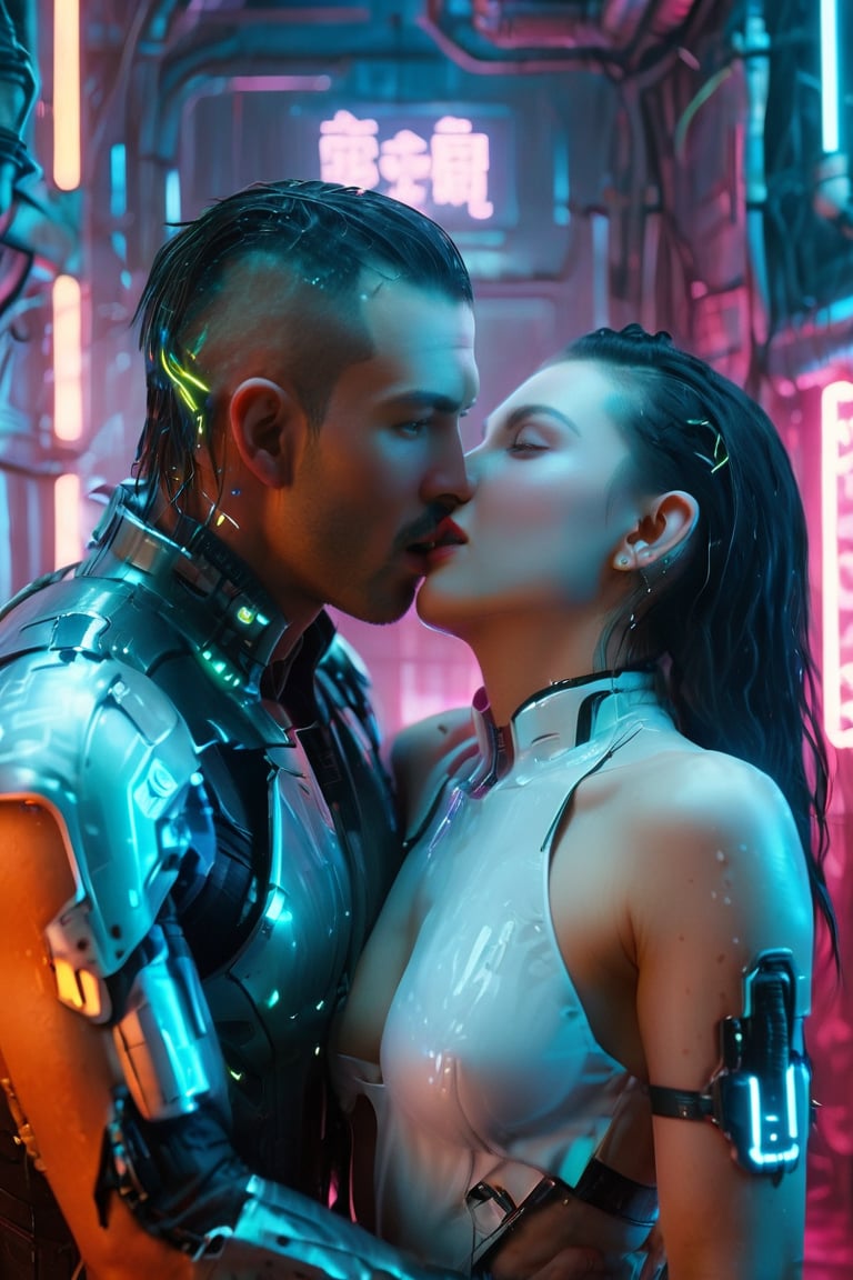 In Cyberpunk Couples Hotel, a man is kissing a woman's mouth, wet kissing, and neon lights are shining on two couples. A woman's mouth is very open and comfortable. Kiss of Cyborg