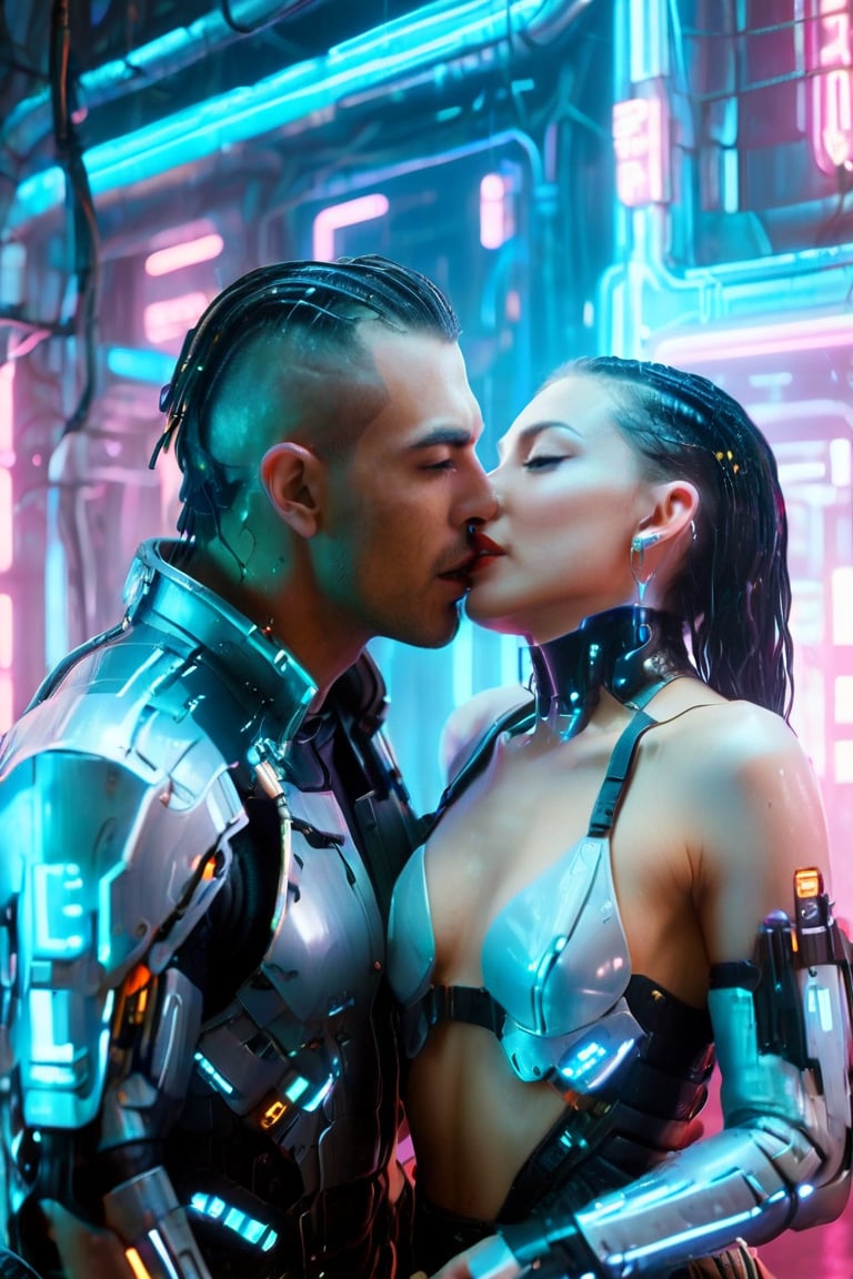 In Cyberpunk Couples Hotel, a man is kissing a woman's mouth, wet kissing, and neon lights are shining on two couples. A woman's mouth is very open and comfortable. Kiss of Cyborg