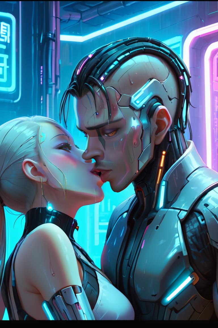 In Cyberpunk Couples Hotel, a man is kissing a woman's mouth, wet kissing, and neon lights are shining on two couples. A woman's mouth is very open and comfortable. Kiss of Cyborg