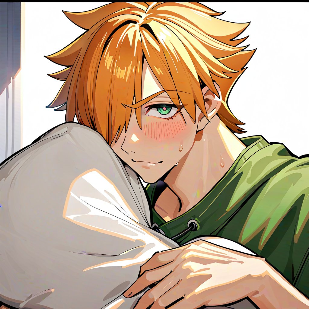 1male,Robin Hood(Fate), ((solo)), (looking_at_viewer),  shy, blush, smile, hold pillow, sweat,
short_hair, orange_hair, spiked hair, green_eyes, ((hair_over_one_eye)), white_blouse,
simple_background, upper_body, indoors,
(perfect detailed face), ((clear face)), detailed eyes, ((clear details)), 
(highly detailed), masterpiece, ((best quality)),  illustrations,