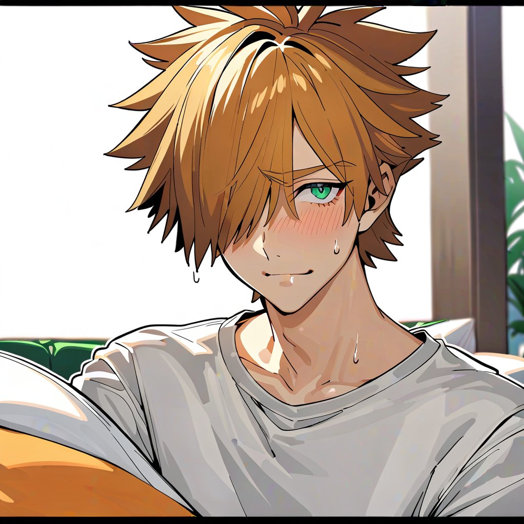 1male,Robin Hood(Fate), ((solo)), (looking_at_viewer),  shy, blush, smile, hold pillow, sweat,
short_hair, orange_hair, spiked hair, green_eyes, ((hair_over_one_eye)), white_blouse,
simple_background, upper_body, indoors,
(perfect detailed face), ((clear face)), detailed eyes, ((clear details)), 
(highly detailed), masterpiece, ((best quality)),  illustrations,