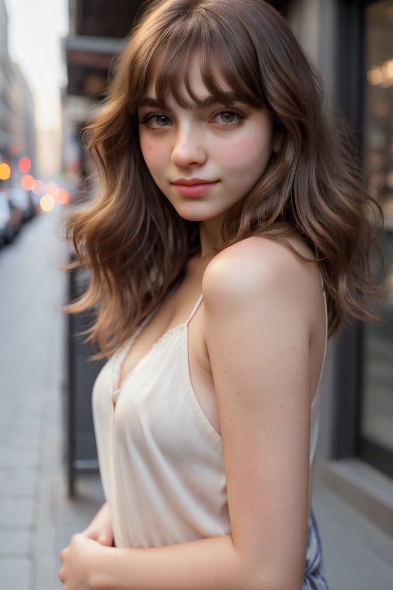 day, city sidewalk, expr3ssions, 1girl, French, 18 year old, beautiful,long Wavy Cut with Curtain Bangs hair, flirting expression, closed mouth, realistic eyes, super realistic face, flirting, upper body portrait, facing viewer, 8k uhd, dslr, cinematic lighting, high quality, realistic