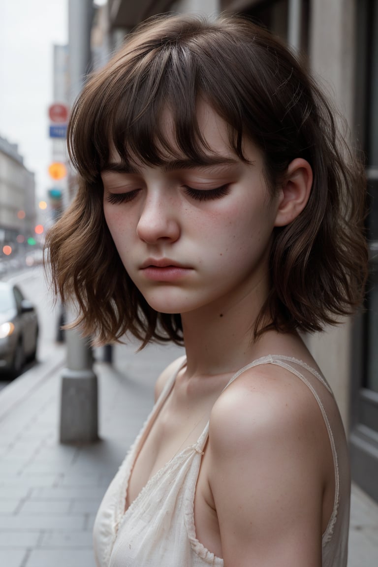 day, city sidewalk, expr3ssions, 1girl, French, 18 year old, beautiful, Wavy Cut with Curtain Bangs hair,  sad expression, closed mouth, looking down, half-closed eyes,  realistic eyes, super realistic face, sad, portrait, facing viewer, 8k uhd, dslr, cinematic lighting, high quality, realistic