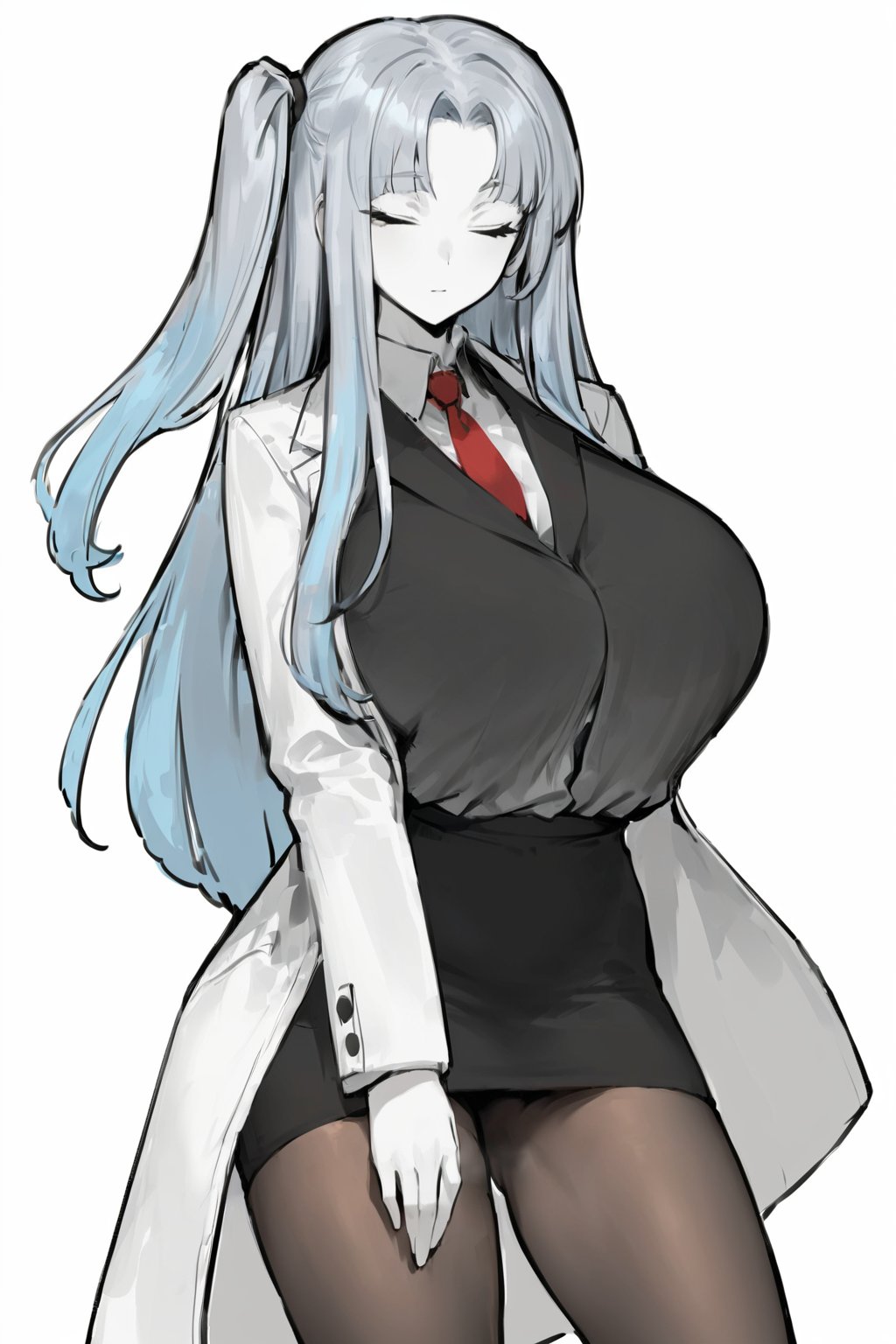 masterpiece, best quality, highres, (gray-scale), upper body, 1girl, solo, LCSD, (no shoes, white shirt, black vest, black pencil skirt, black pantyhose, red necktie, white labcoat, labcoat, red hair tie), (light blue hair, bangs, parted bangs, long hair, golden eyes, big breasts, pale skin, glamorous, bangs, white skin, wide pelvis, closed_eyes, one side up), simple_background, grey_background, LCSD, LC_Angela, TJRS,ZKTR