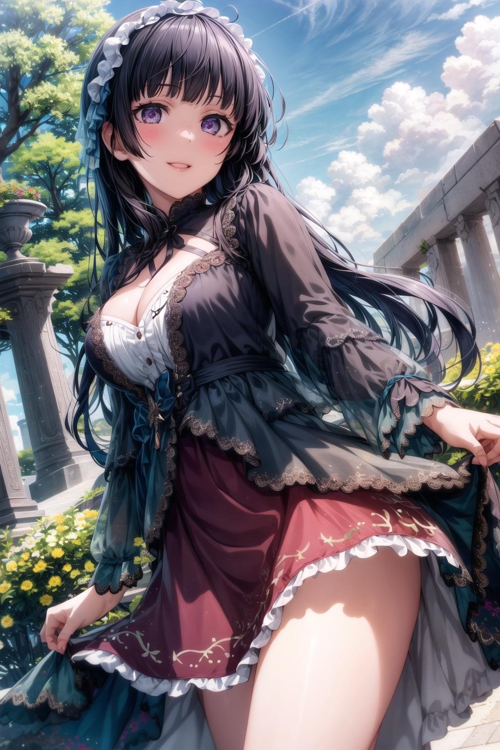 (masterpiece, best quality, ultra-detailed), (illustration), (beautiful detailed eyes), 1girl, solo, shirogane rinko, black hair, long hair, purple eyes, bangs, (blunt bangs:1.3), <lora:RinkoV1.3:0.6>, medium breasts(dress, frills, frilled dress, thighs, cleavage:1.1),light smile, cowboy shot, (tareme:1.3), parted lipsoutdoors, greenery, blue sky, clouds, depth of field, <lora:GoodHands-vanilla:1> <lora:tareme:0.6>,  <lora:more_details:0.4>  <lora:epi_noiseoffset2:1> <lora:SimplePositive_v1_AutoRunMech:1>