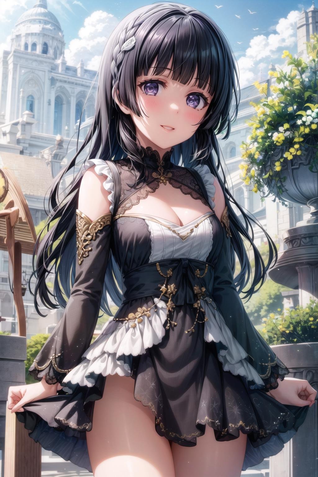 (masterpiece, best quality, ultra-detailed), (illustration), (beautiful detailed eyes), 1girl, solo, shirogane rinko, black hair, long hair, purple eyes, bangs, (blunt bangs:1.3), <lora:RinkoV1.3:0.6>, medium breasts(dress, frills, frilled dress, thighs, cleavage:1.1),light smile, cowboy shot, (tareme:1.3), parted lipsoutdoors, greenery, blue sky, clouds, depth of field, <lora:GoodHands-vanilla:1> <lora:tareme:0.6>,  <lora:more_details:0.4>  <lora:epi_noiseoffset2:1> <lora:SimplePositive_v1_AutoRunMech:1>