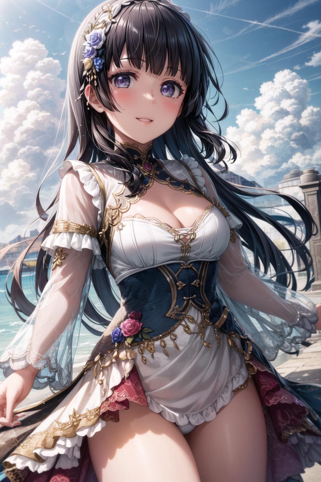 (masterpiece, best quality, ultra-detailed), (illustration), (beautiful detailed eyes), 1girl, solo, shirogane rinko, black hair, long hair, purple eyes, bangs, (blunt bangs:1.3), <lora:RinkoV1.3:0.6>, medium breasts(dress, frills, frilled dress, thighs, cleavage:1.1),light smile, cowboy shot, (tareme:1.3), parted lipsoutdoors, greenery, blue sky, clouds, depth of field, <lora:GoodHands-vanilla:1> <lora:tareme:0.6>,  <lora:more_details:0.4>  <lora:epi_noiseoffset2:1> <lora:SimplePositive_v1_AutoRunMech:1>