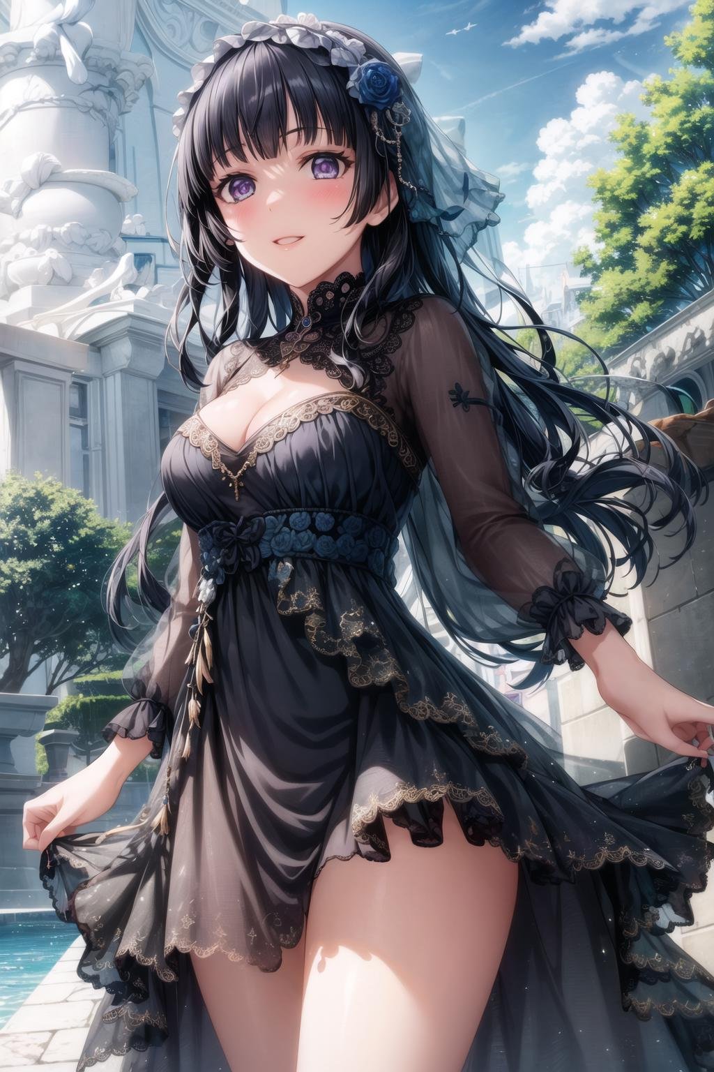 (masterpiece, best quality, ultra-detailed), (illustration), (beautiful detailed eyes), 1girl, solo, shirogane rinko, black hair, long hair, purple eyes, bangs, (blunt bangs:1.3), <lora:RinkoV1.3:0.6>, medium breasts(dress, frills, frilled dress, thighs, cleavage:1.1),light smile, cowboy shot, (tareme:1.3), parted lipsoutdoors, greenery, blue sky, clouds, depth of field, <lora:GoodHands-vanilla:1> <lora:tareme:0.6>,  <lora:more_details:0.4>  <lora:epi_noiseoffset2:1> <lora:SimplePositive_v1_AutoRunMech:1>